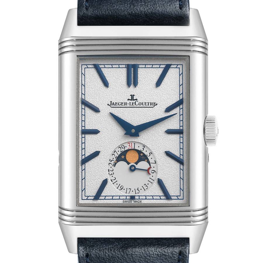 The Jaeger-LeCoultre Reverso watch is shown from the front, highlighting its dial, hands, and moon phase indicator.