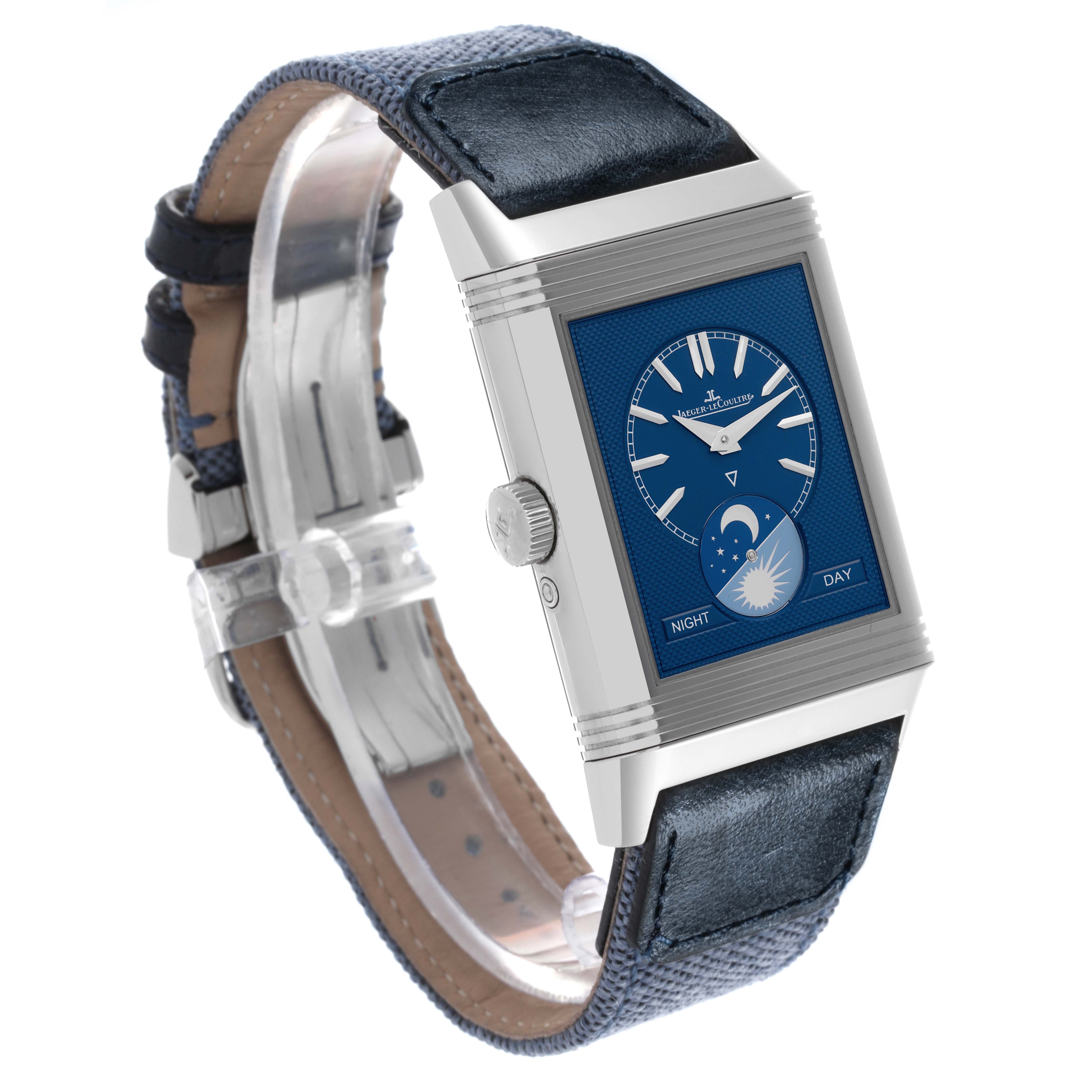 The Jaeger-LeCoultre Reverso watch is angled to show the face, strap, and side crown.