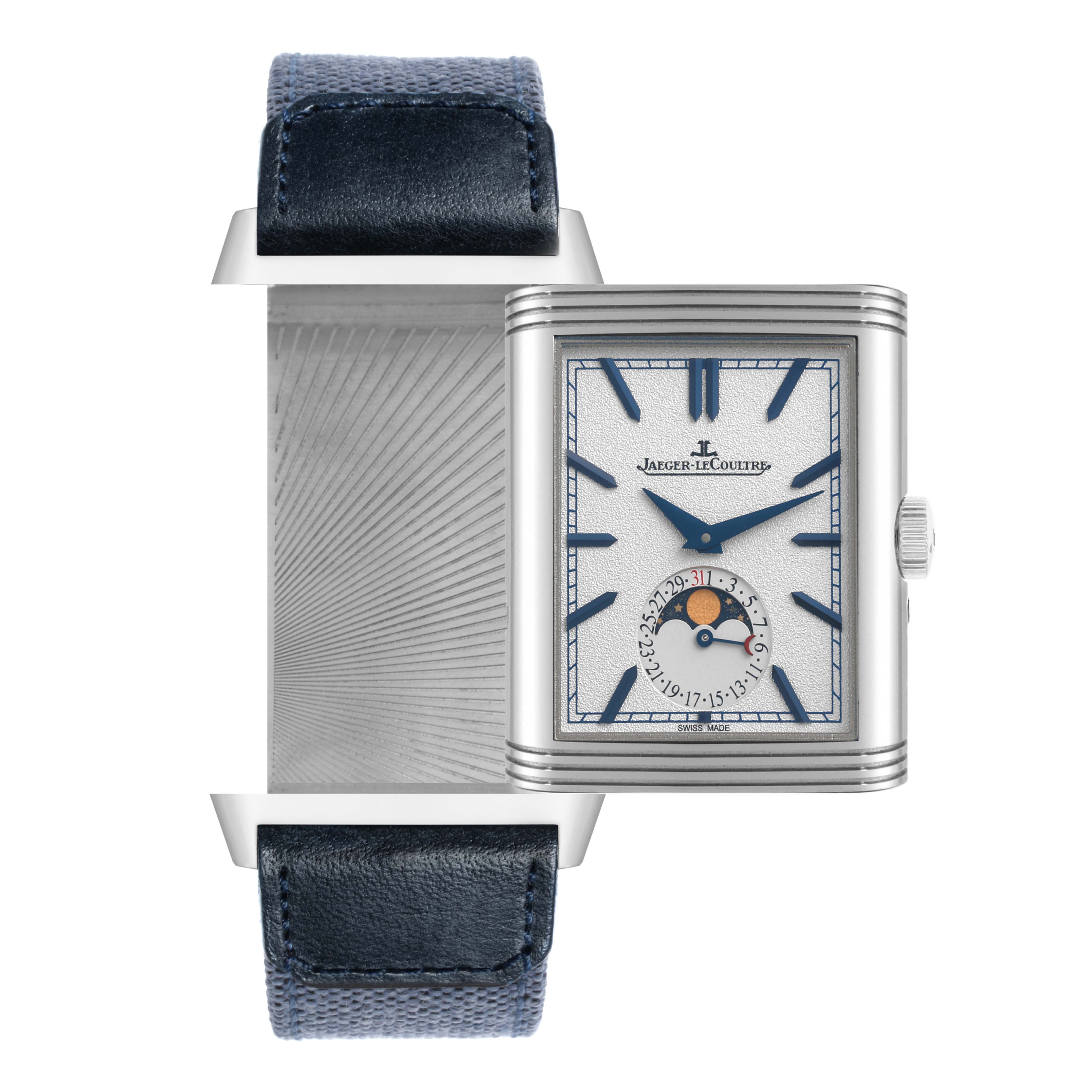 The Jaeger-LeCoultre Reverso watch is shown in a front-angle view with its reversible case partially open, revealing the strap.