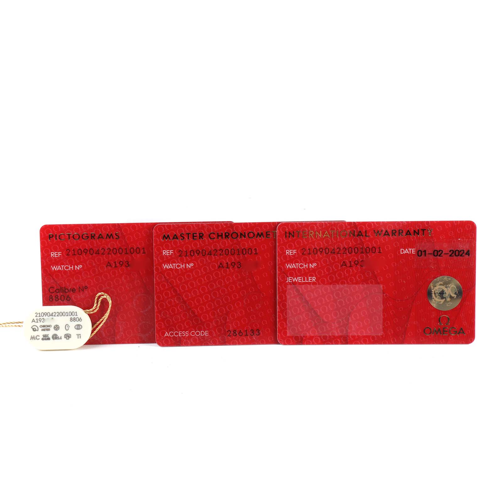 The image shows three red cards for the Omega Seamaster 210.90.42.20.01.001 Men's Titanium Brown Dial 210.90.42.20.01.001 Men's Titanium Brown Dial model: Pictograms, Master Chronometer, and International Warranty.