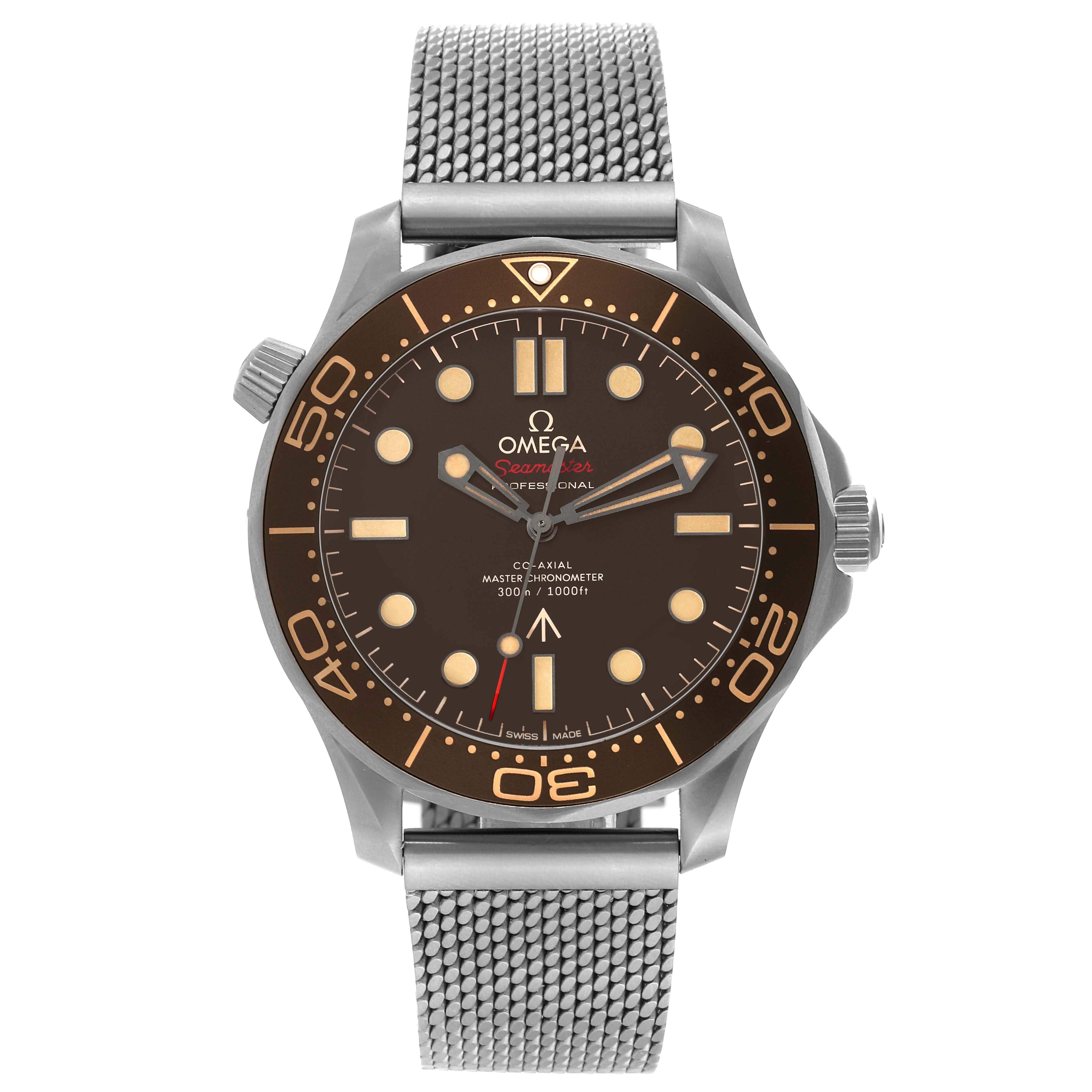 The Omega Seamaster 210.90.42.20.01.001 Men's Titanium Brown Dial 210.90.42.20.01.001 Men's Titanium Brown Dial watch is shown from the front, displaying its dial, bezel, crown, and stainless steel mesh strap.