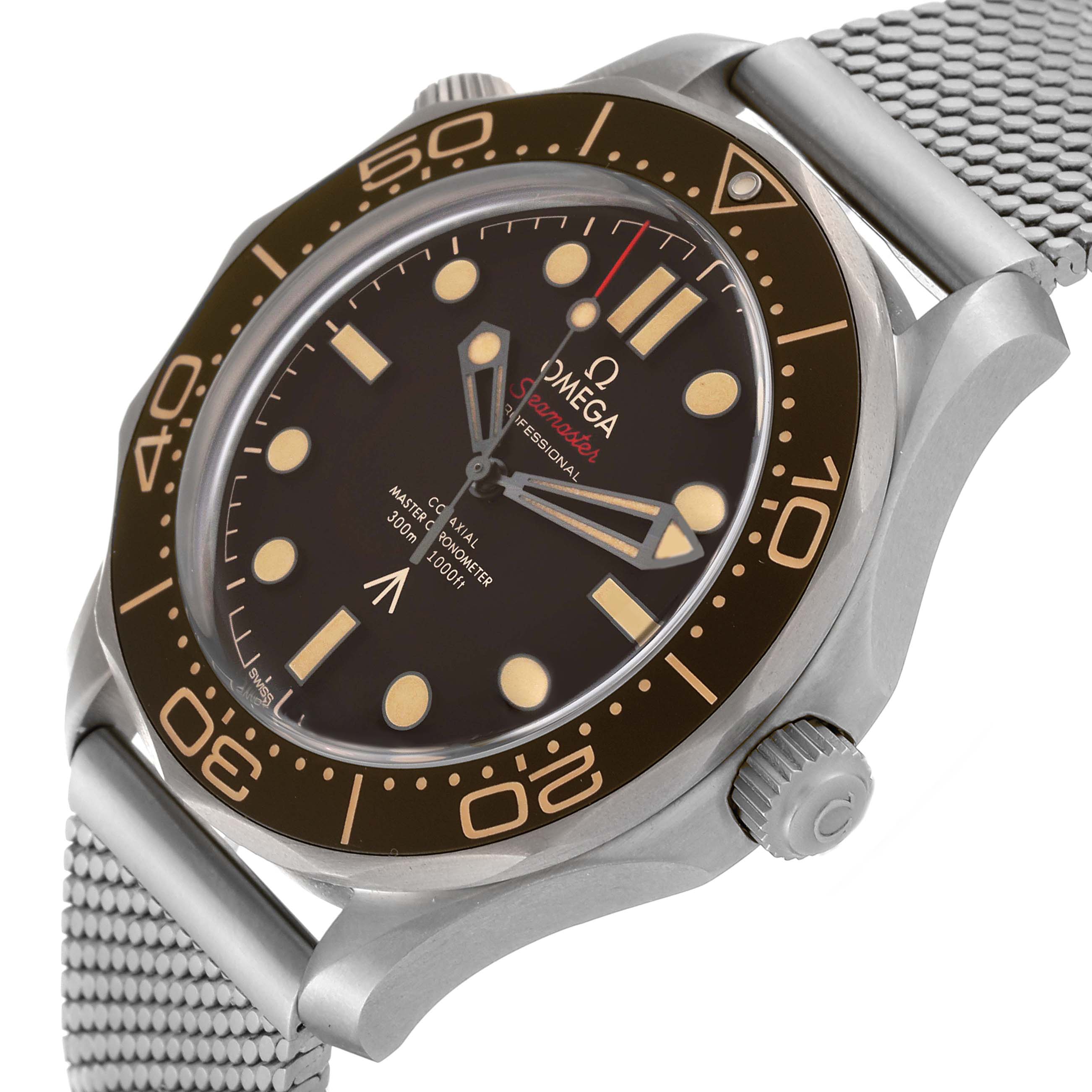 The image shows a close-up angled view of the Omega Seamaster 210.90.42.20.01.001 Men's Titanium Brown Dial 210.90.42.20.01.001 Men's Titanium Brown Dial watch, showcasing the dial, bezel, and part of the mesh bracelet.