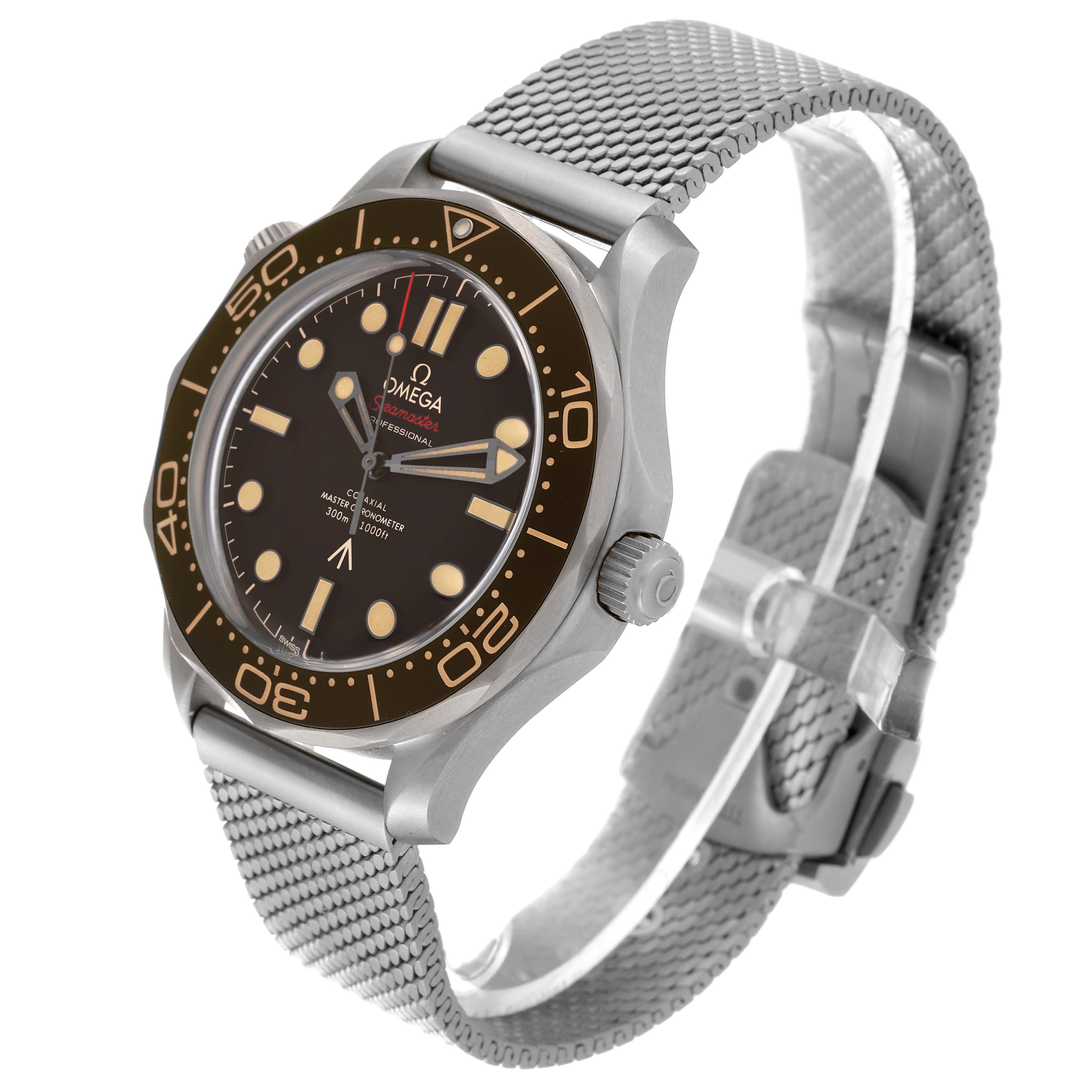 This image shows a side-angle view of the Omega Seamaster 210.90.42.20.01.001 Men's Titanium Brown Dial 210.90.42.20.01.001 Men's Titanium Brown Dial watch, highlighting its face, bezel, and metal mesh strap.