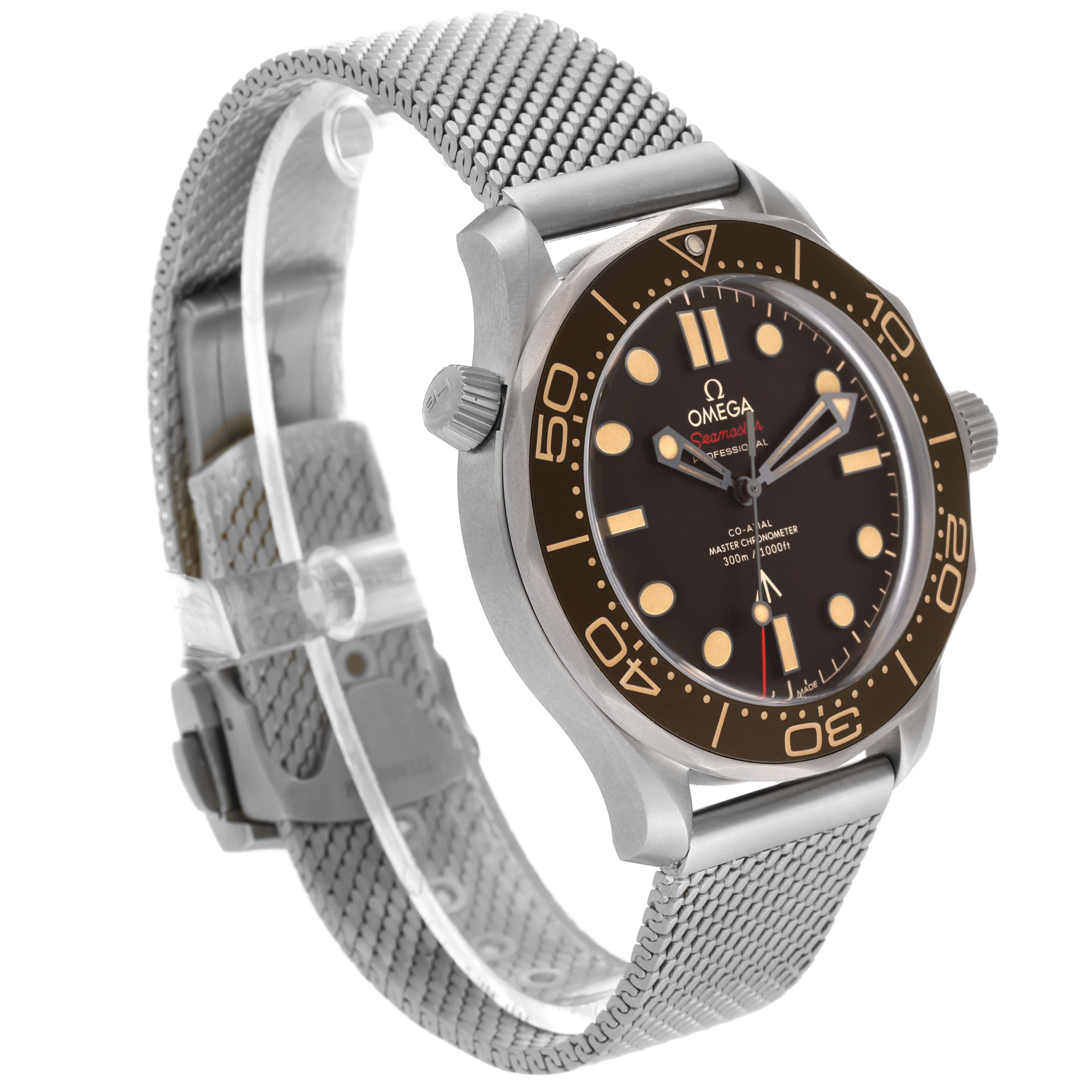 This image shows a side angle of the Omega Seamaster 210.90.42.20.01.001 Men's Titanium Brown Dial 210.90.42.20.01.001 Men's Titanium Brown Dial watch, displaying its dial, bezel, crown, and mesh bracelet.