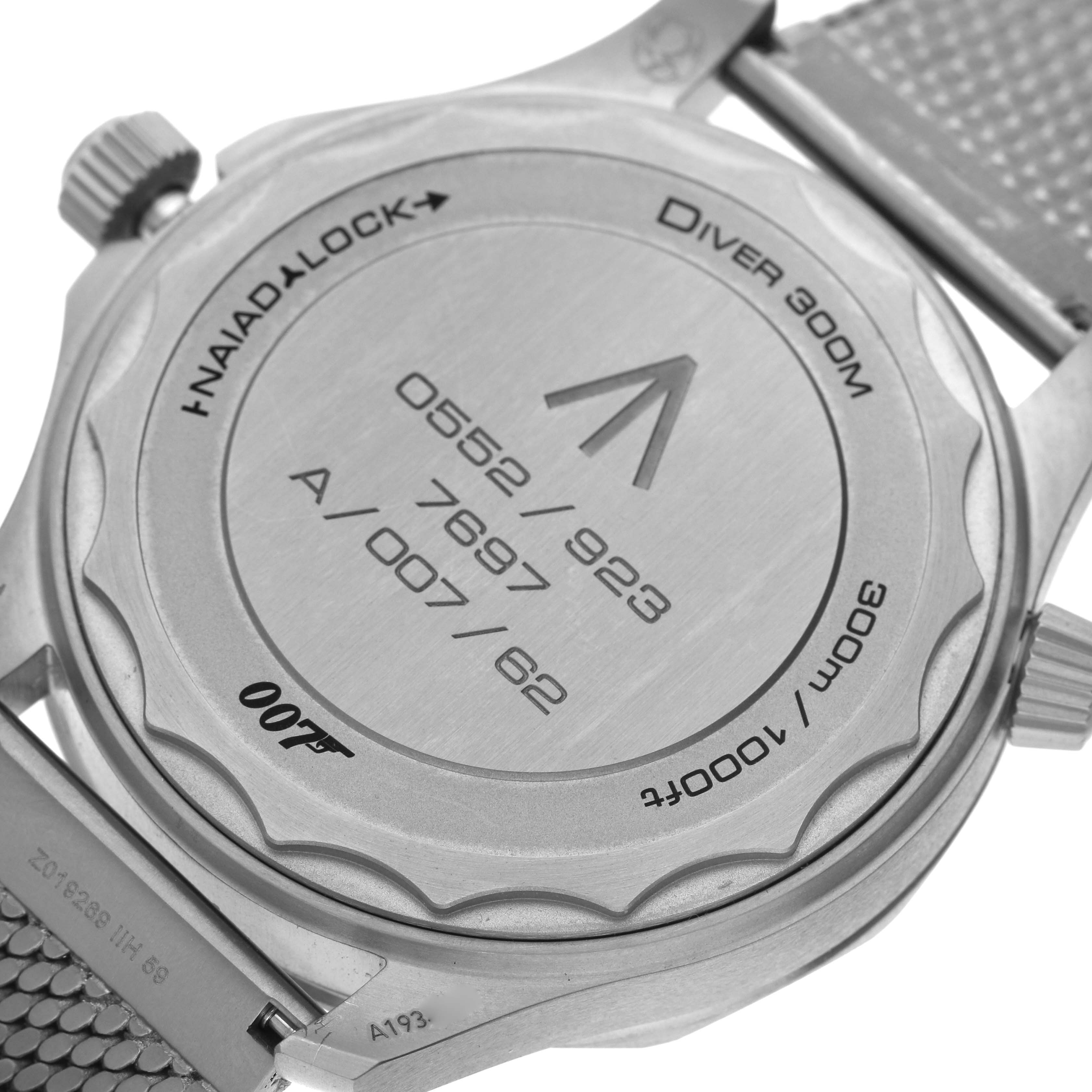 The image shows the back case of an Omega Seamaster 210.90.42.20.01.001 Men's Titanium Brown Dial 210.90.42.20.01.001 Men's Titanium Brown Dial Diver 300M watch, featuring text and the NAIAD LOCK system.