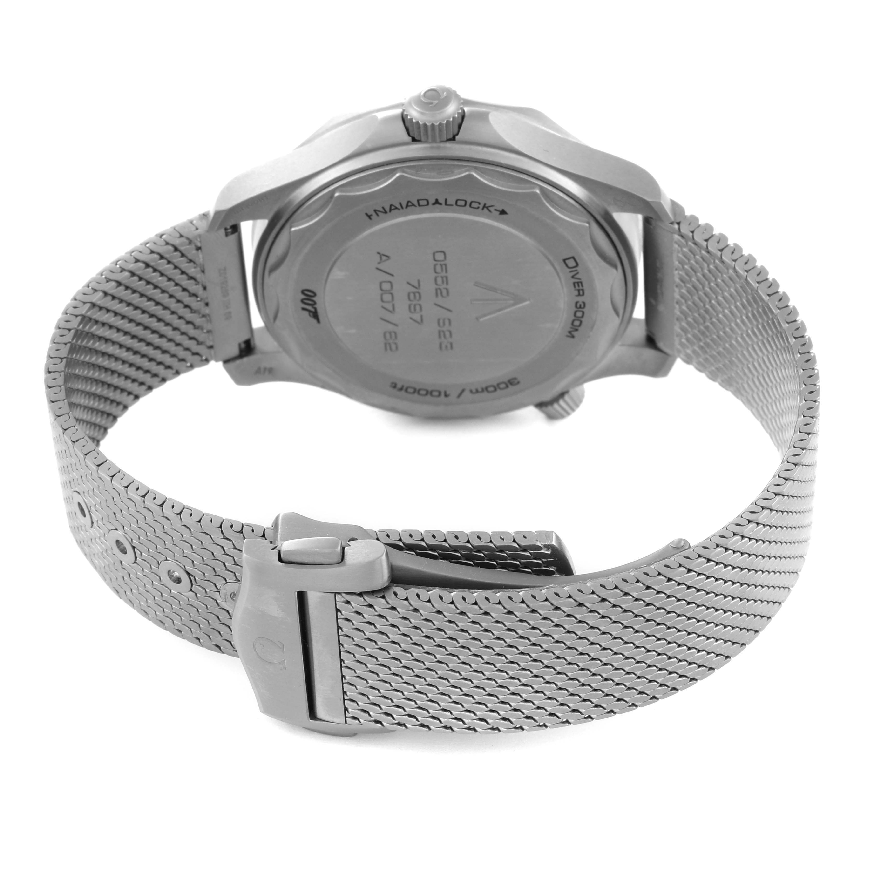 The image shows the back case and mesh bracelet of an Omega Seamaster 210.90.42.20.01.001 Men's Titanium Brown Dial 210.90.42.20.01.001 Men's Titanium Brown Dial watch at an angled rear view.