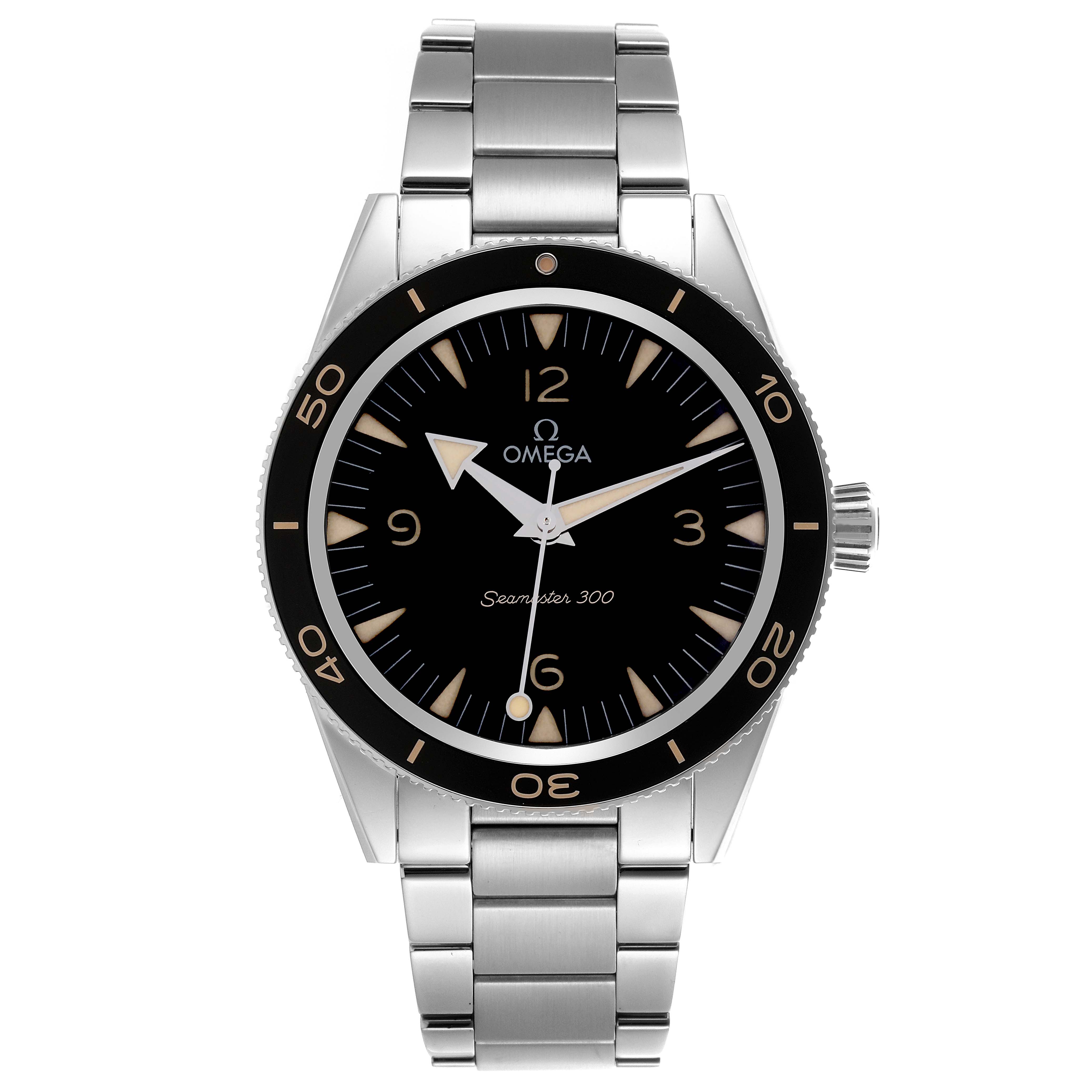 The Omega Seamaster 234.30.41.21.01.001 Men
s Stainless Steel Black Dial 234.30.41.21.01.001 Men
s Stainless Steel Black Dial watch is shown from a front angle, displaying its black dial, bezel, silver hour markers, and metal bracelet.