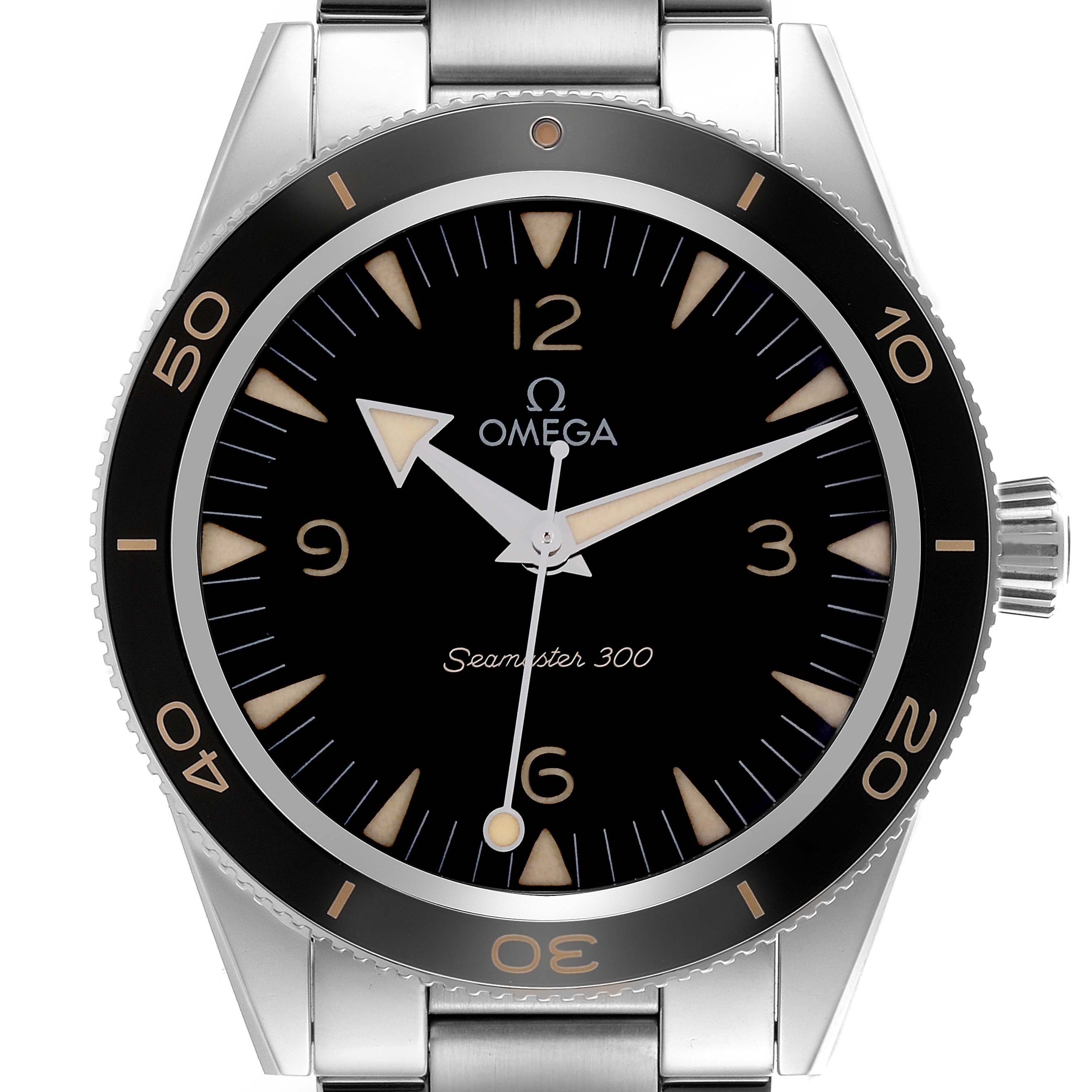 The Omega Seamaster 234.30.41.21.01.001 Men
s Stainless Steel Black Dial 234.30.41.21.01.001 Men
s Stainless Steel Black Dial watch is shown from a frontal angle, displaying the bezel, dial, and hands.