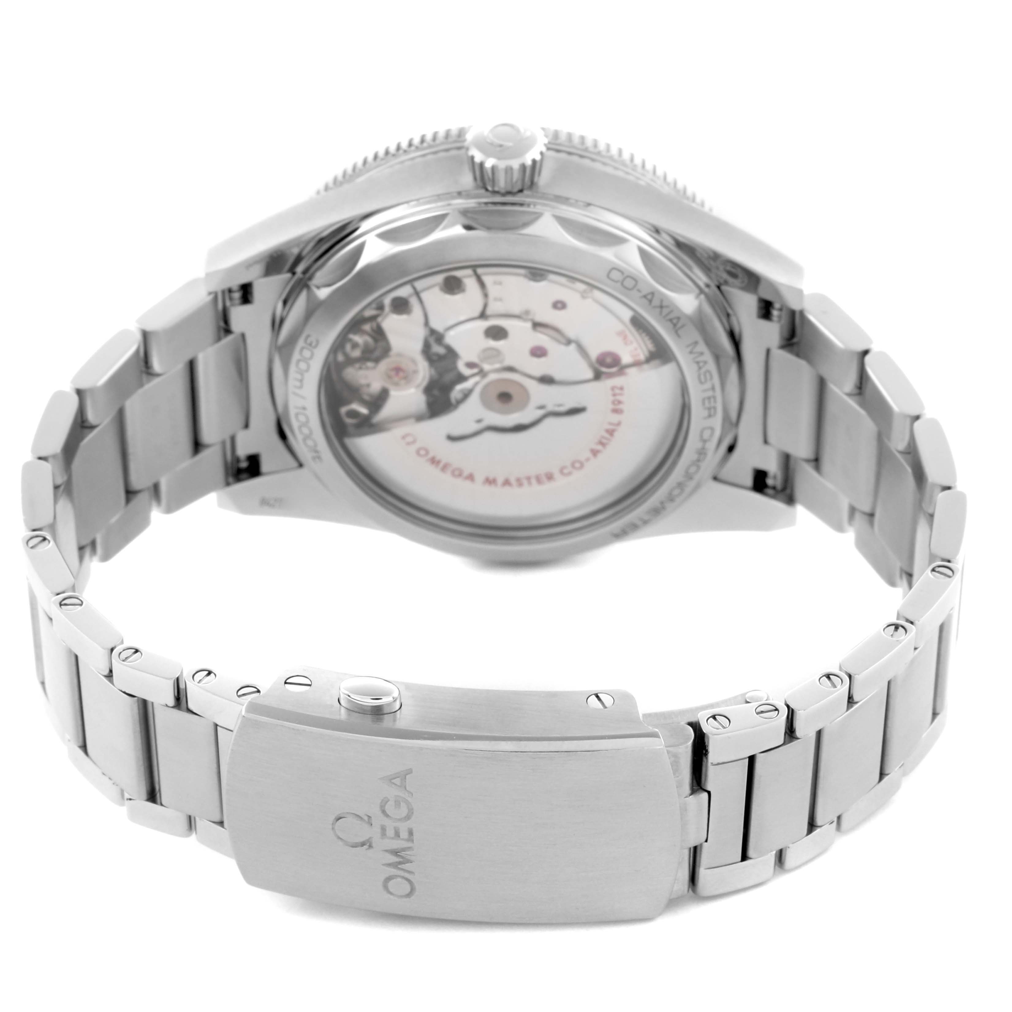 The Omega Seamaster 234.30.41.21.01.001 Men
s Stainless Steel Black Dial 234.30.41.21.01.001 Men
s Stainless Steel Black Dial watch is shown from the back, highlighting the open case back and stainless steel bracelet.