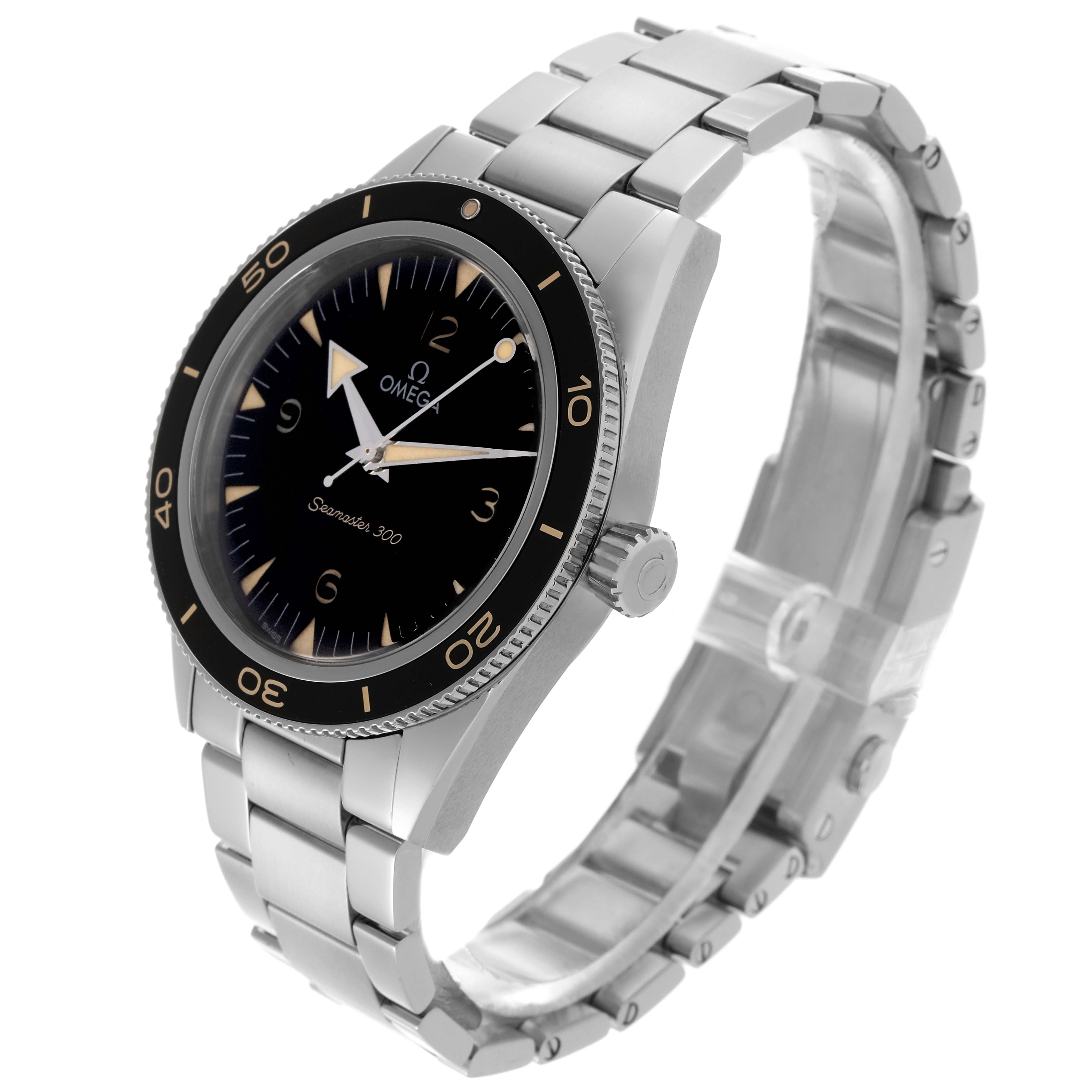 The Omega Seamaster 234.30.41.21.01.001 Men
s Stainless Steel Black Dial 234.30.41.21.01.001 Men
s Stainless Steel Black Dial watch is shown at a three-quarter angle, highlighting the case, dial, bezel, crown, and bracelet.