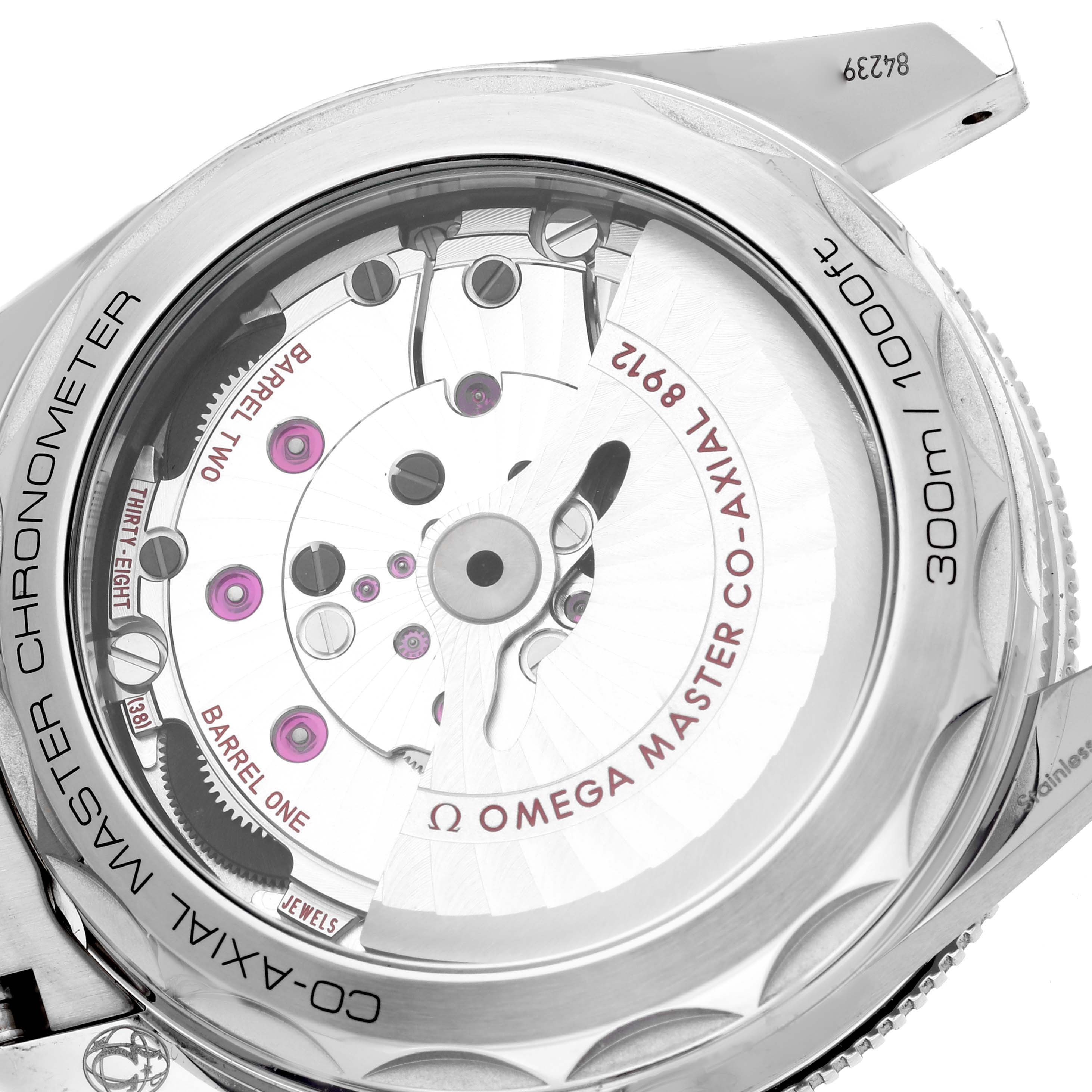 The image shows the case back and movement of an Omega Seamaster 234.30.41.21.01.001 Men
s Stainless Steel Black Dial 234.30.41.21.01.001 Men
s Stainless Steel Black Dial, highlighting the Co-Axial Master Chronometer mechanism.