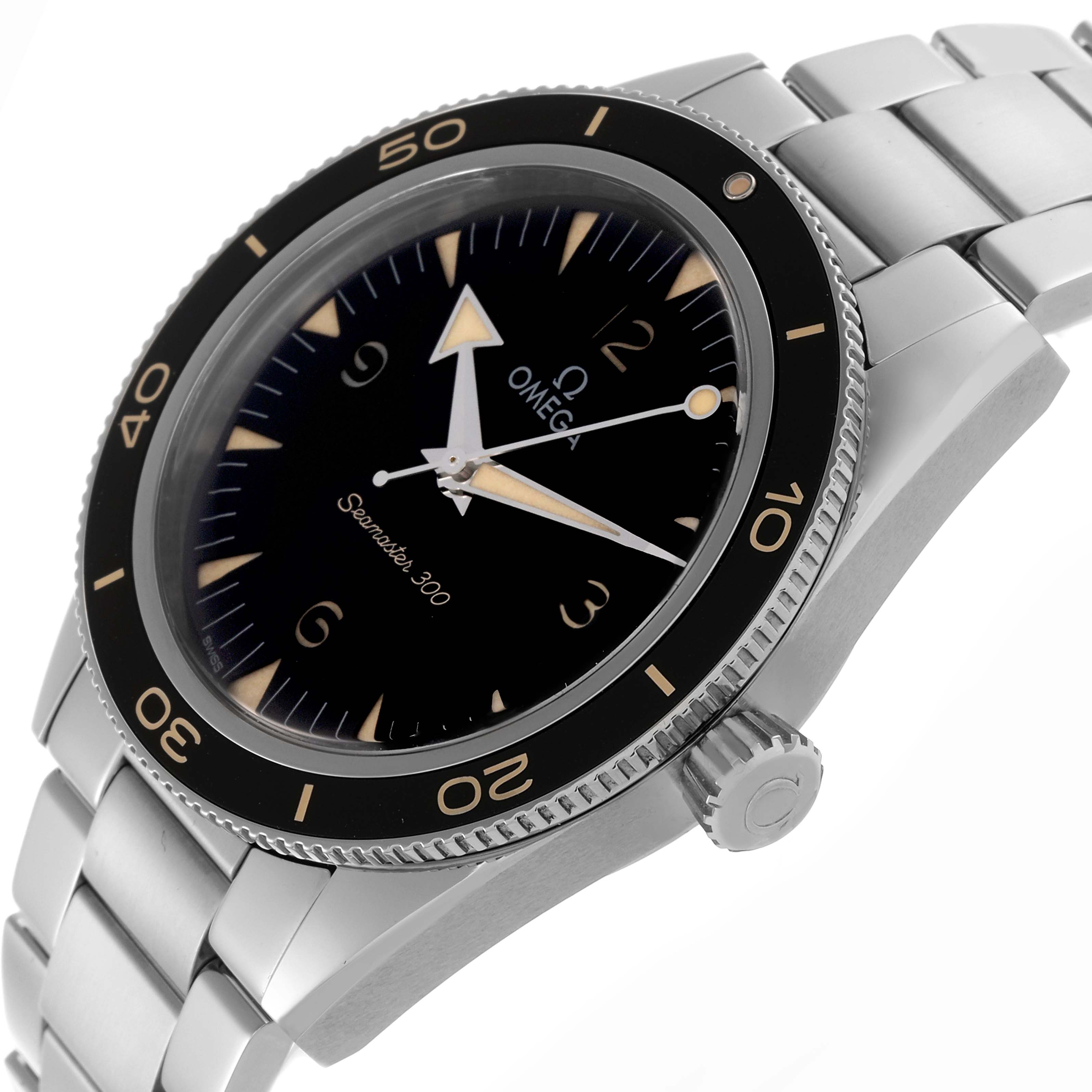 The Omega Seamaster 234.30.41.21.01.001 Men
s Stainless Steel Black Dial 234.30.41.21.01.001 Men
s Stainless Steel Black Dial watch is shown at a side angle, displaying the black bezel, dial, crown, and stainless steel bracelet.