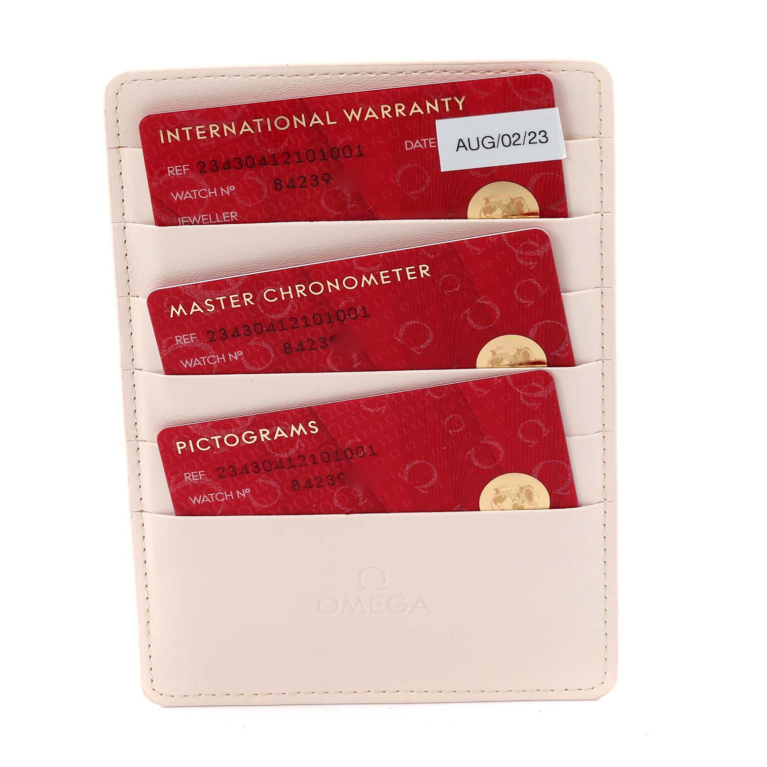 The image shows a holder containing three Omega Seamaster 234.30.41.21.01.001 Men
s Stainless Steel Black Dial 234.30.41.21.01.001 Men
s Stainless Steel Black Dial cards: International Warranty, Master Chronometer, and Pictograms.