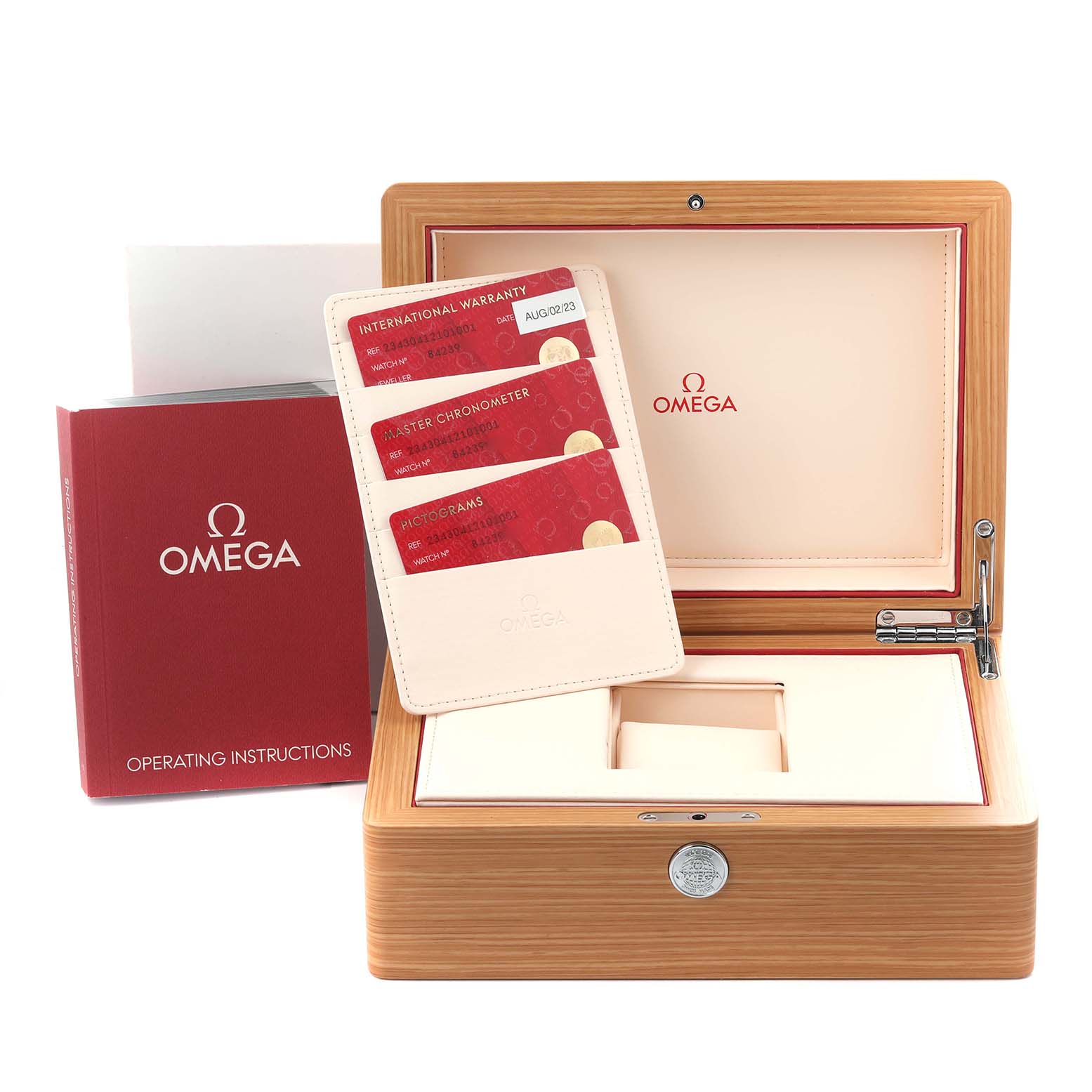 The image shows Omega Seamaster 234.30.41.21.01.001 Men
s Stainless Steel Black Dial 234.30.41.21.01.001 Men
s Stainless Steel Black Dial accessories including a wooden box, warranty cards, and an instruction manual.