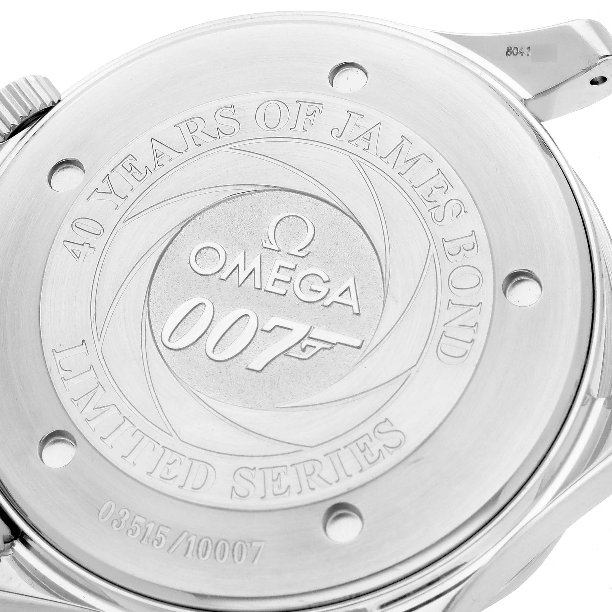 The image shows the back of an Omega Seamaster 2537.80.00 Men's Stainless Steel Blue Dial 2537.80.00 Men's Stainless Steel Blue Dial watch, featuring "40 Years of James Bond Limited Series" engraving.