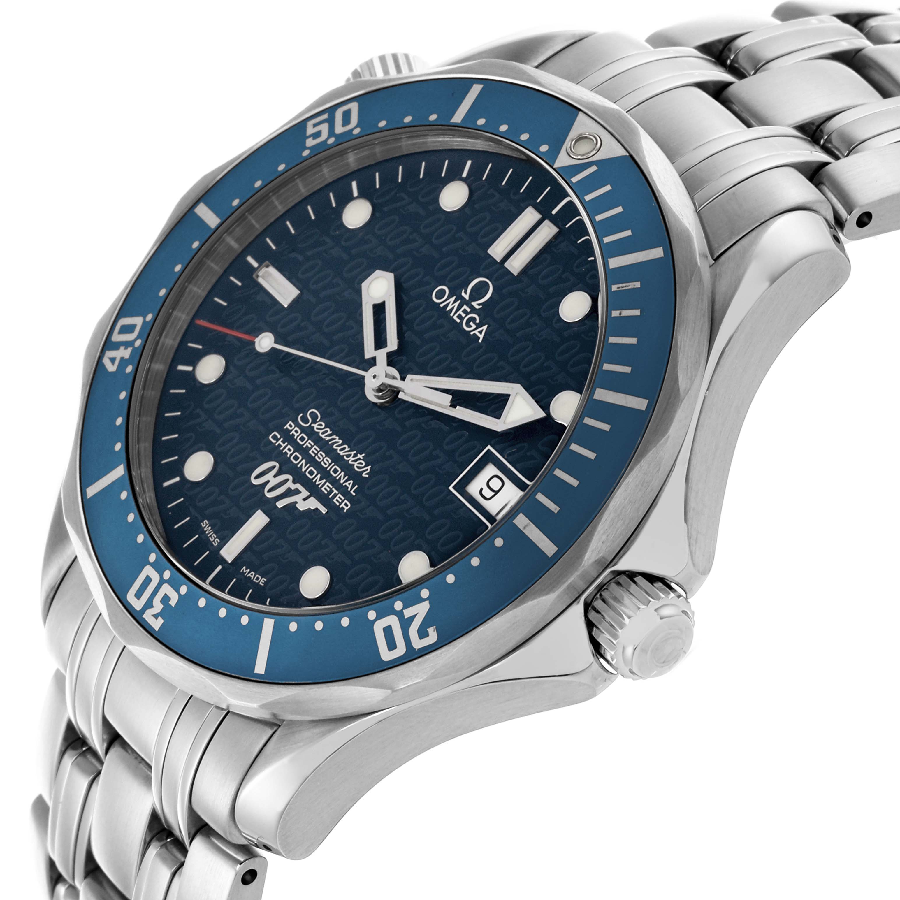 The Omega Seamaster 2537.80.00 Men's Stainless Steel Blue Dial 2537.80.00 Men's Stainless Steel Blue Dial watch is shown at an angled side view, highlighting the bezel, dial, crown, and bracelet.