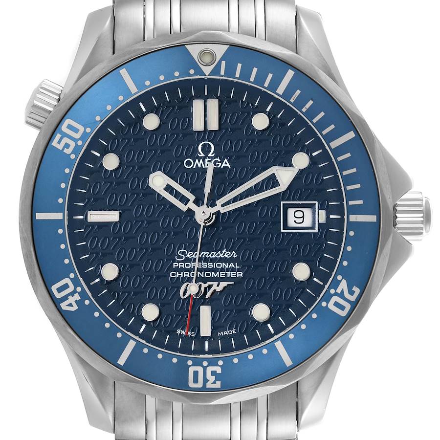 The image shows a head-on view of the Omega Seamaster watch, highlighting the dial, bezel, and bracelet.