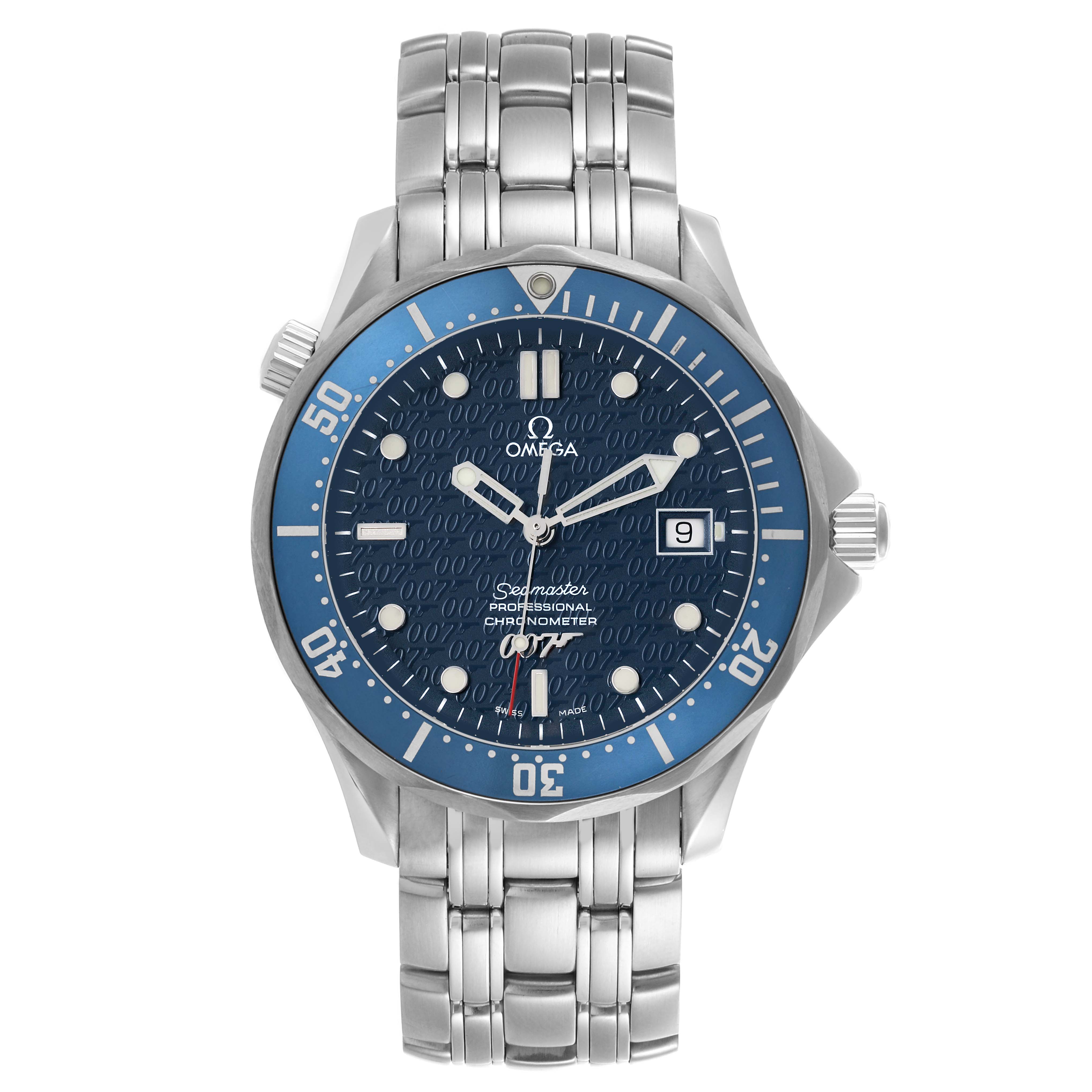 The Omega Seamaster 2537.80.00 Men's Stainless Steel Blue Dial 2537.80.00 Men's Stainless Steel Blue Dial watch is shown from a front angle, highlighting the bezel, dial, crown, and bracelet.