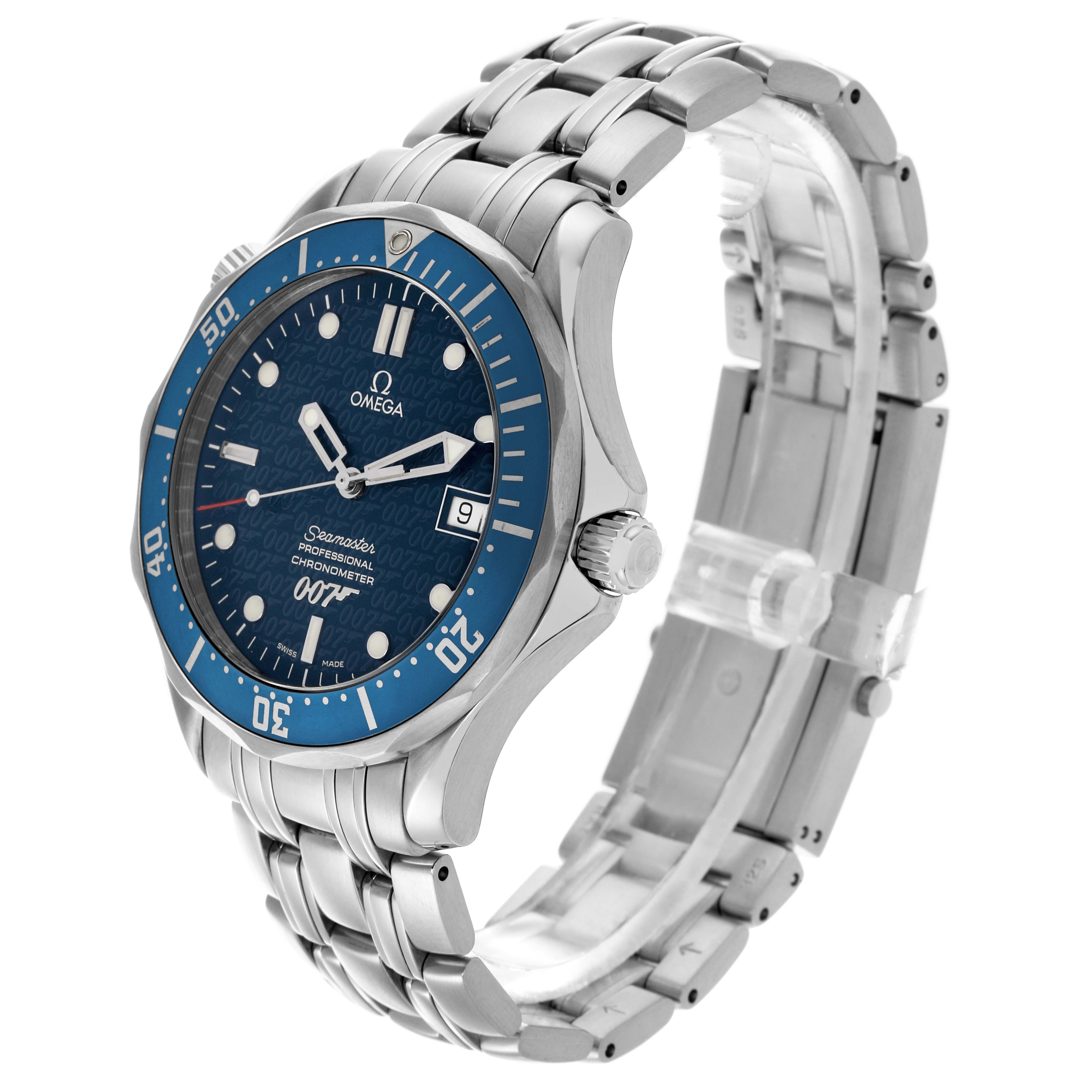 The image shows an angled view of an Omega Seamaster 2537.80.00 Men's Stainless Steel Blue Dial 2537.80.00 Men's Stainless Steel Blue Dial watch, highlighting the bezel, dial, crown, and stainless steel bracelet.