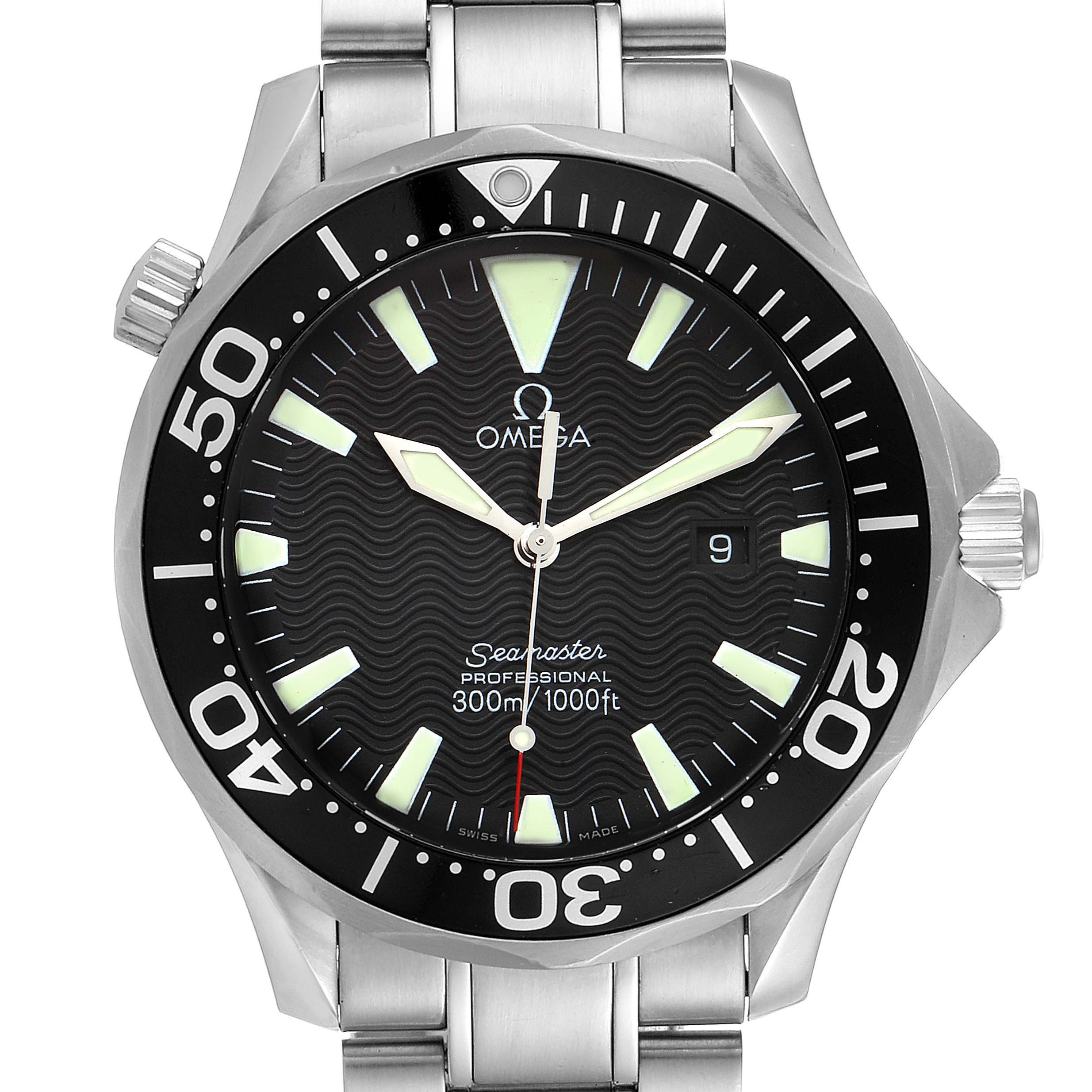 The image shows a frontal view of the Omega Seamaster 2264.50.00 Men
s Stainless Steel Black Dial 2264.50.00 Men
s Stainless Steel Black Dial watch, highlighting its dial, bezel, and part of its bracelet.