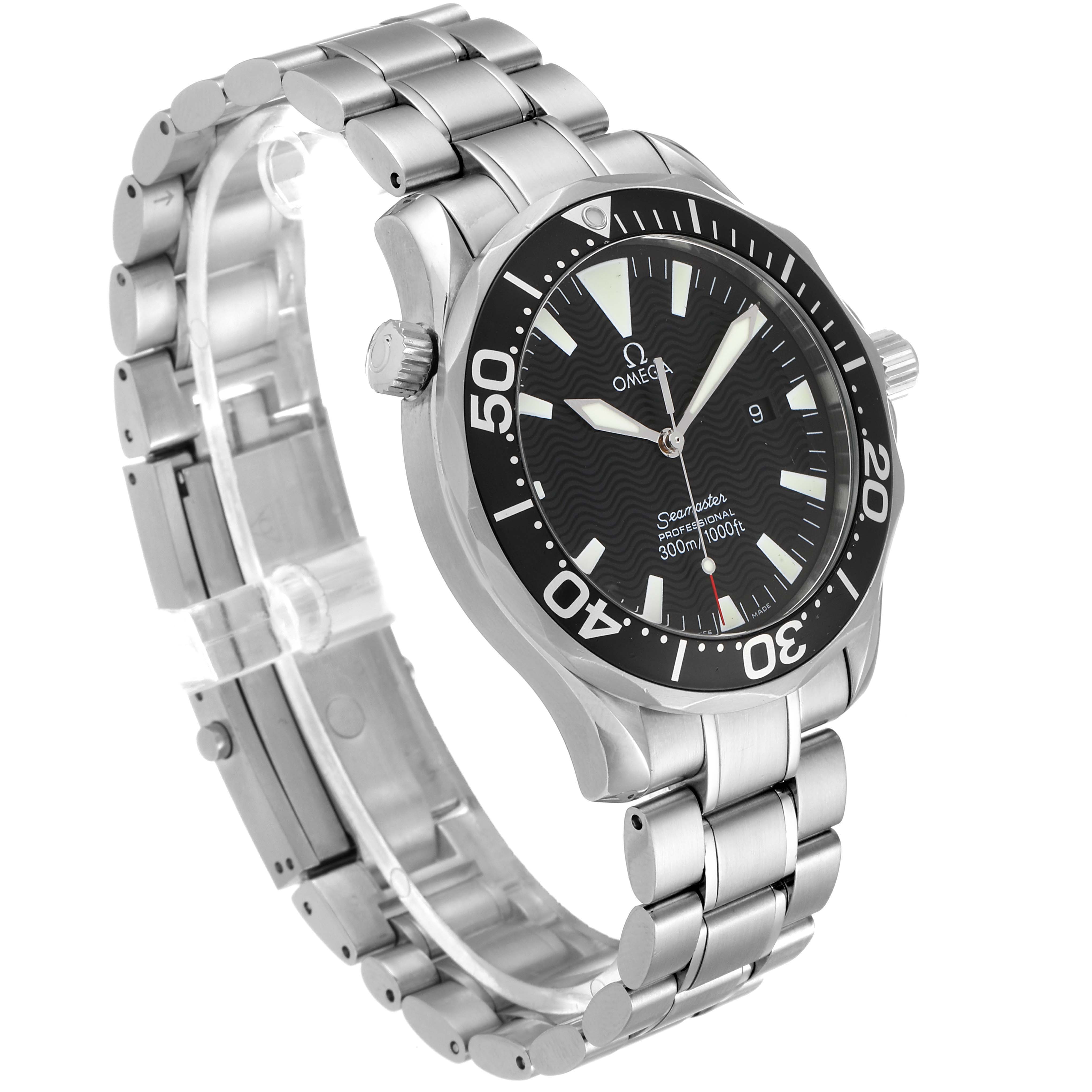 The Omega Seamaster 2264.50.00 Men
s Stainless Steel Black Dial 2264.50.00 Men
s Stainless Steel Black Dial watch is shown from a side-front angle, highlighting its face, bezel, and metal bracelet.