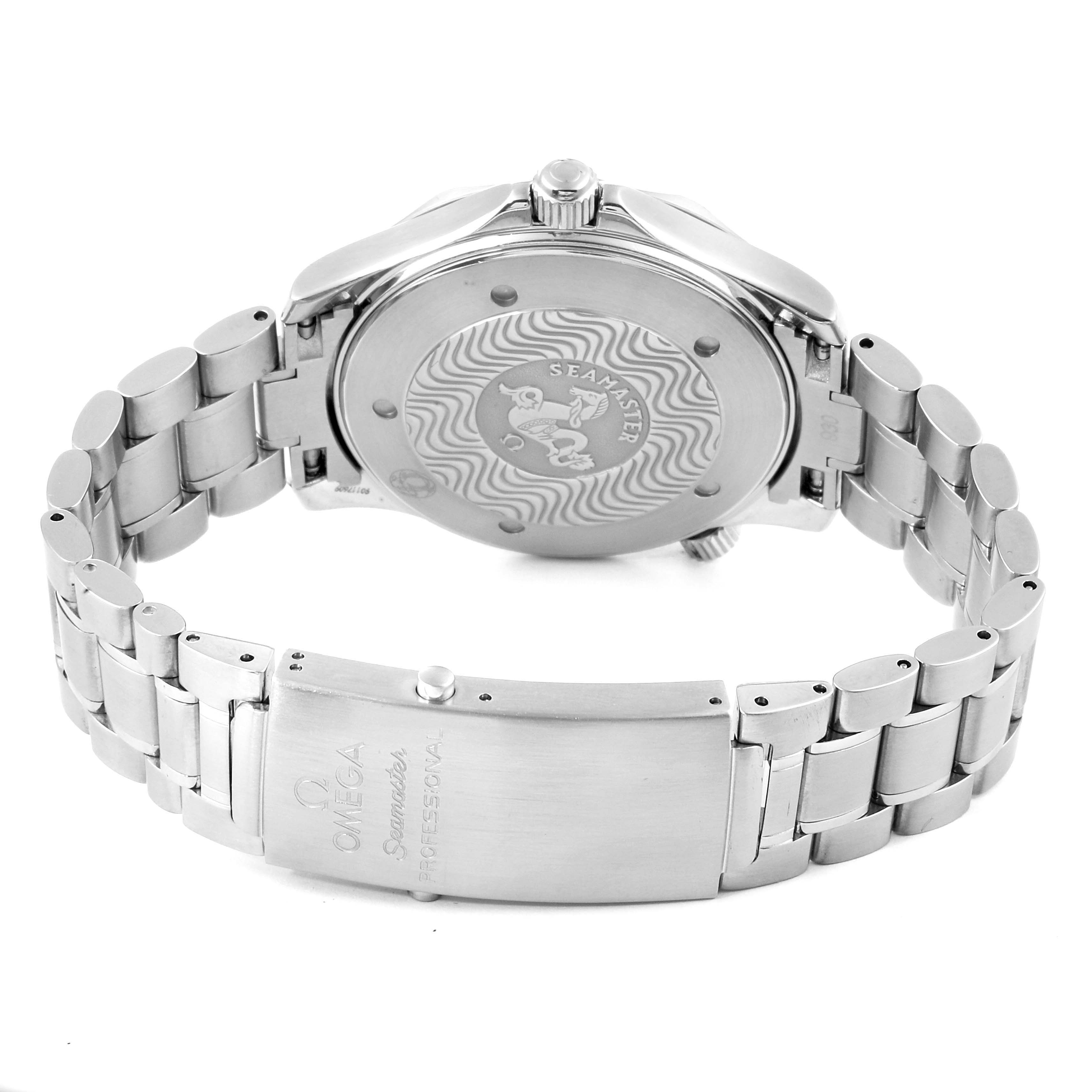 The image shows the back case and bracelet of an Omega Seamaster 2264.50.00 Men
s Stainless Steel Black Dial 2264.50.00 Men
s Stainless Steel Black Dial watch, highlighting the engravings and clasp.