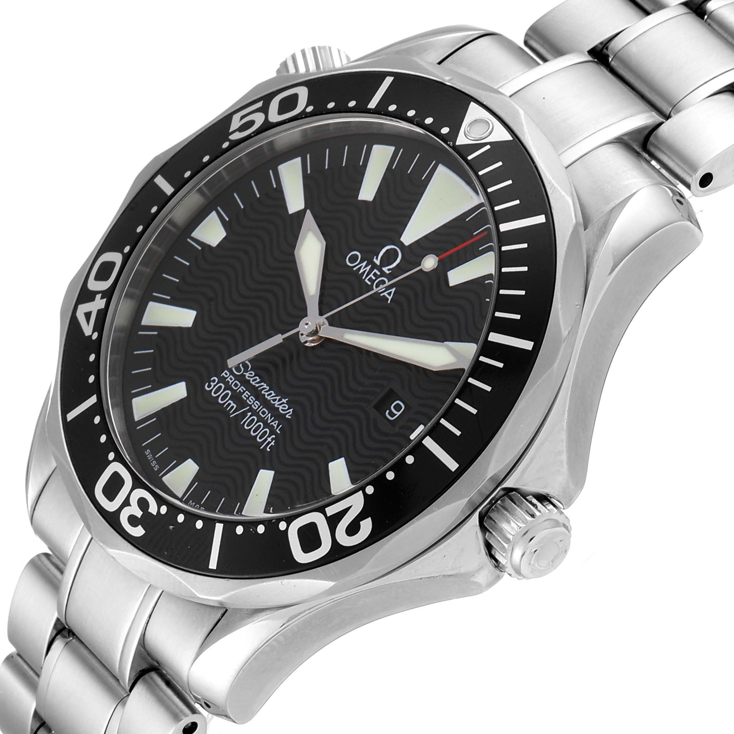 The image shows an angled side view of the Omega Seamaster 2264.50.00 Men
s Stainless Steel Black Dial 2264.50.00 Men
s Stainless Steel Black Dial watch, highlighting the face, bezel, crown, and part of the bracelet.
