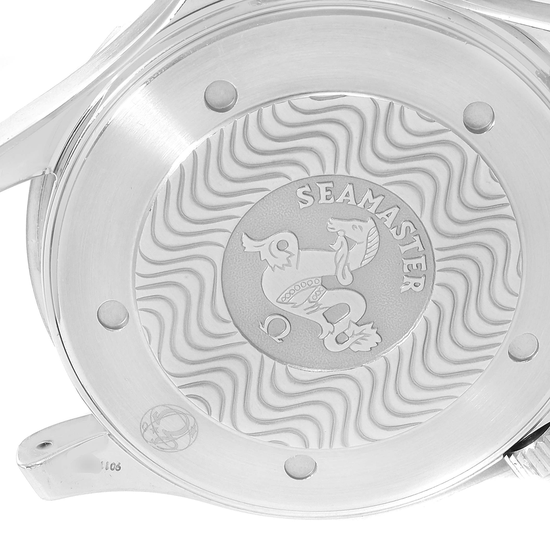 This photo shows the case back of an Omega Seamaster 2264.50.00 Men
s Stainless Steel Black Dial 2264.50.00 Men
s Stainless Steel Black Dial watch with its distinct wavy pattern and engravings.