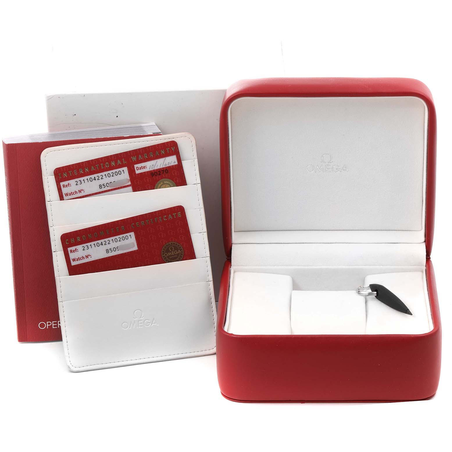 The image shows the packaging, warranty cards, chronometer certificate, and an accessory for the Omega Aqua Terra 231.10.42.21.02.001 Men
s Stainless Steel Silver Dial 231.10.42.21.02.001 Men
s Stainless Steel Silver Dial model.