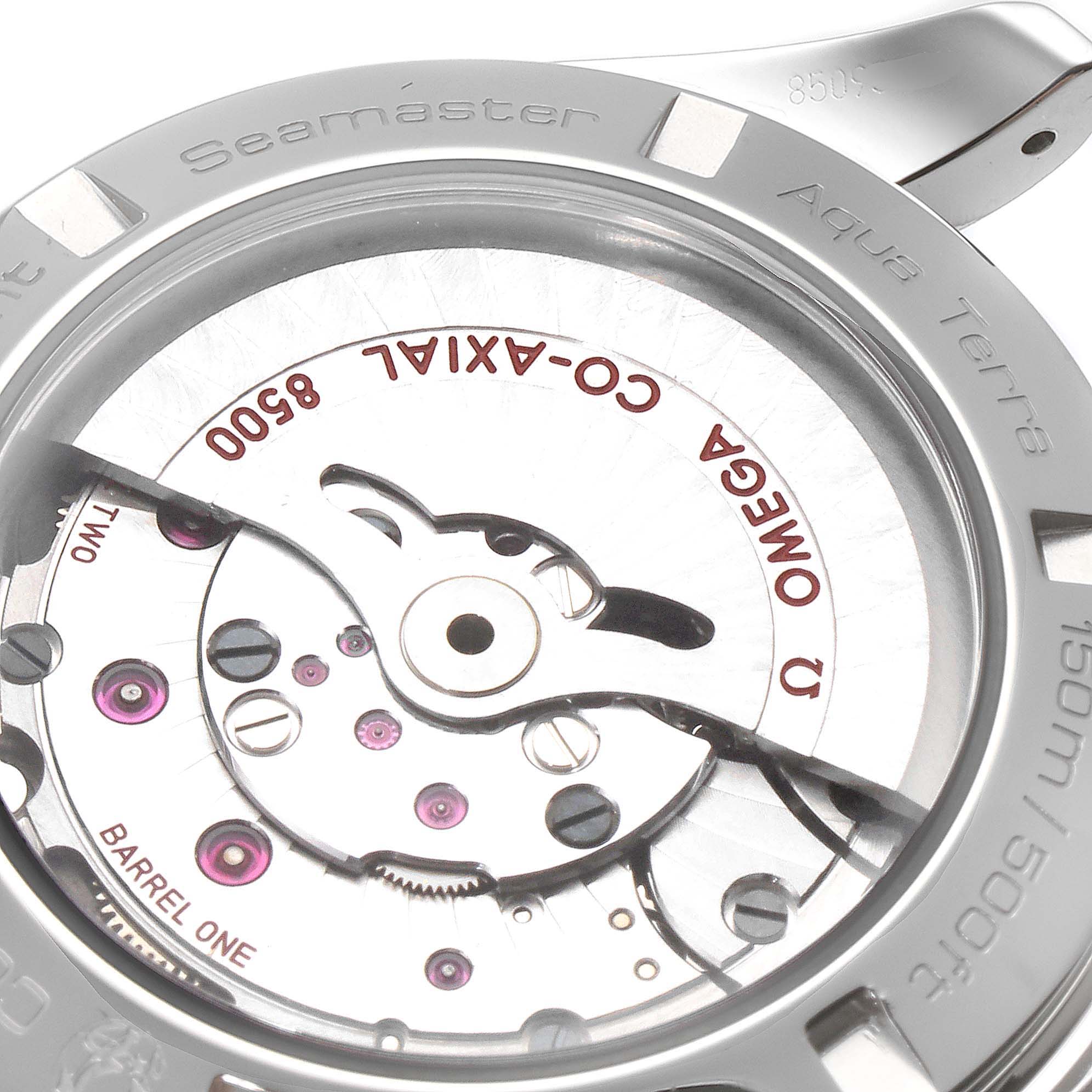 This image shows the case back and movement of the Omega Aqua Terra 231.10.42.21.02.001 Men
s Stainless Steel Silver Dial 231.10.42.21.02.001 Men
s Stainless Steel Silver Dial 8500 Co-Axial Seamaster watch.