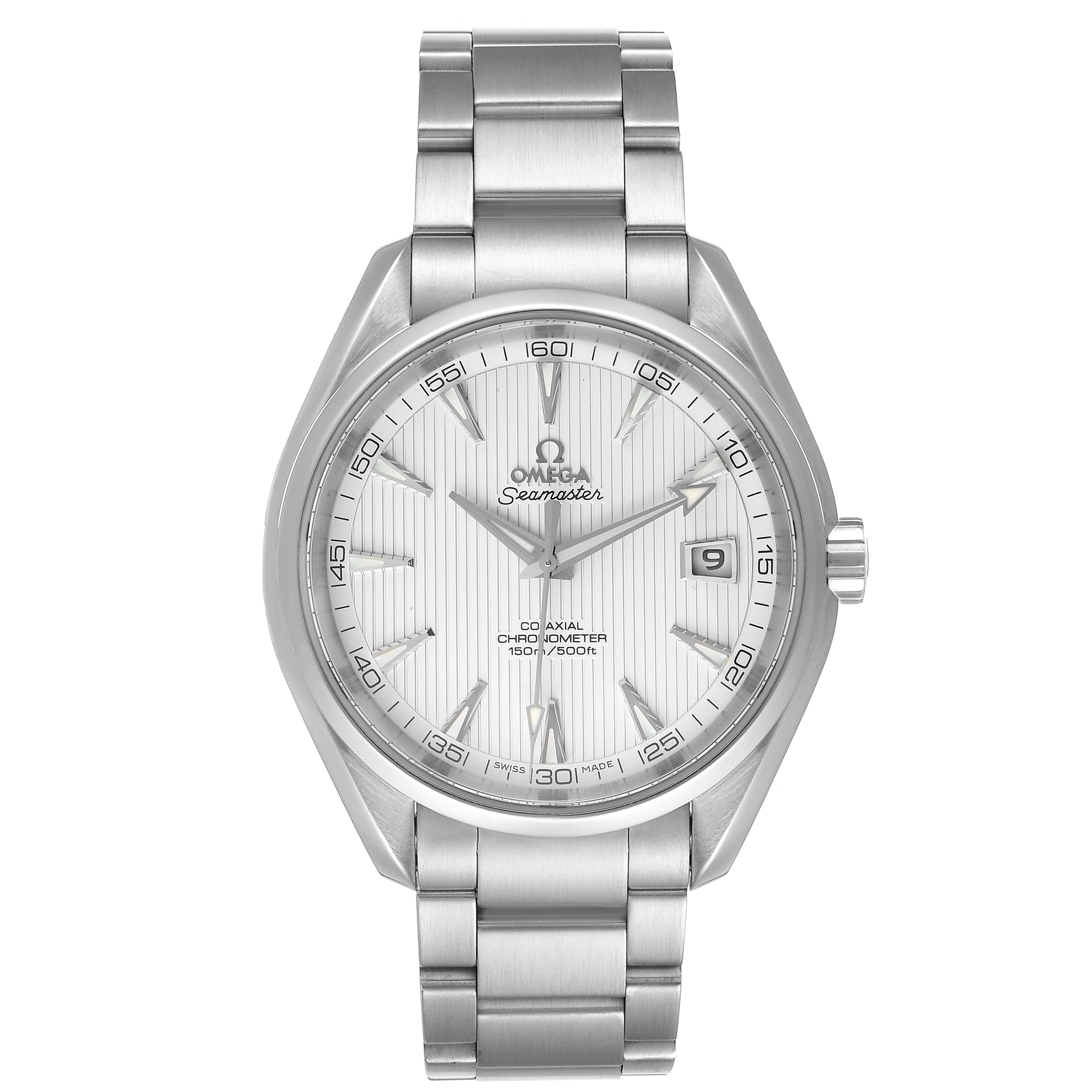 The image shows a frontal view of the Omega Seamaster Aqua Terra watch, displaying its dial, bezel, and stainless steel bracelet.