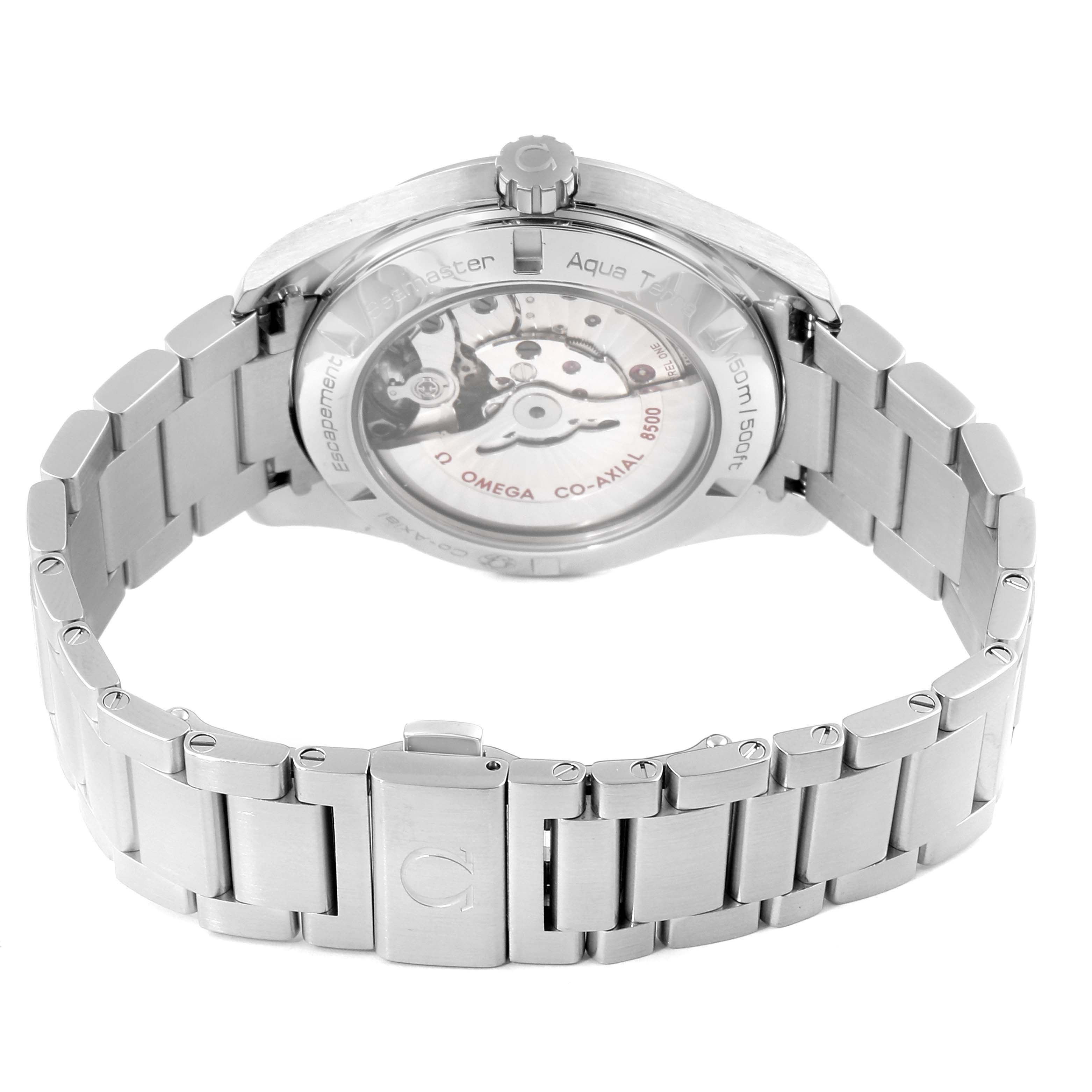 The image shows the Omega Aqua Terra 231.10.42.21.02.001 Men
s Stainless Steel Silver Dial 231.10.42.21.02.001 Men
s Stainless Steel Silver Dial watch from the back, highlighting the transparent case back and metal bracelet.