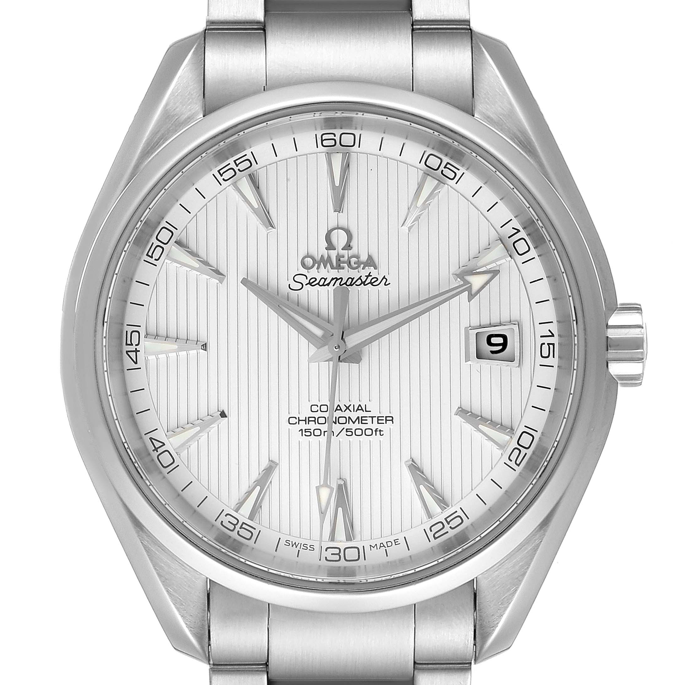 This is a front view of the Omega Aqua Terra 231.10.42.21.02.001 Men
s Stainless Steel Silver Dial 231.10.42.21.02.001 Men
s Stainless Steel Silver Dial watch, showing the dial, hands, markers, and date window.
