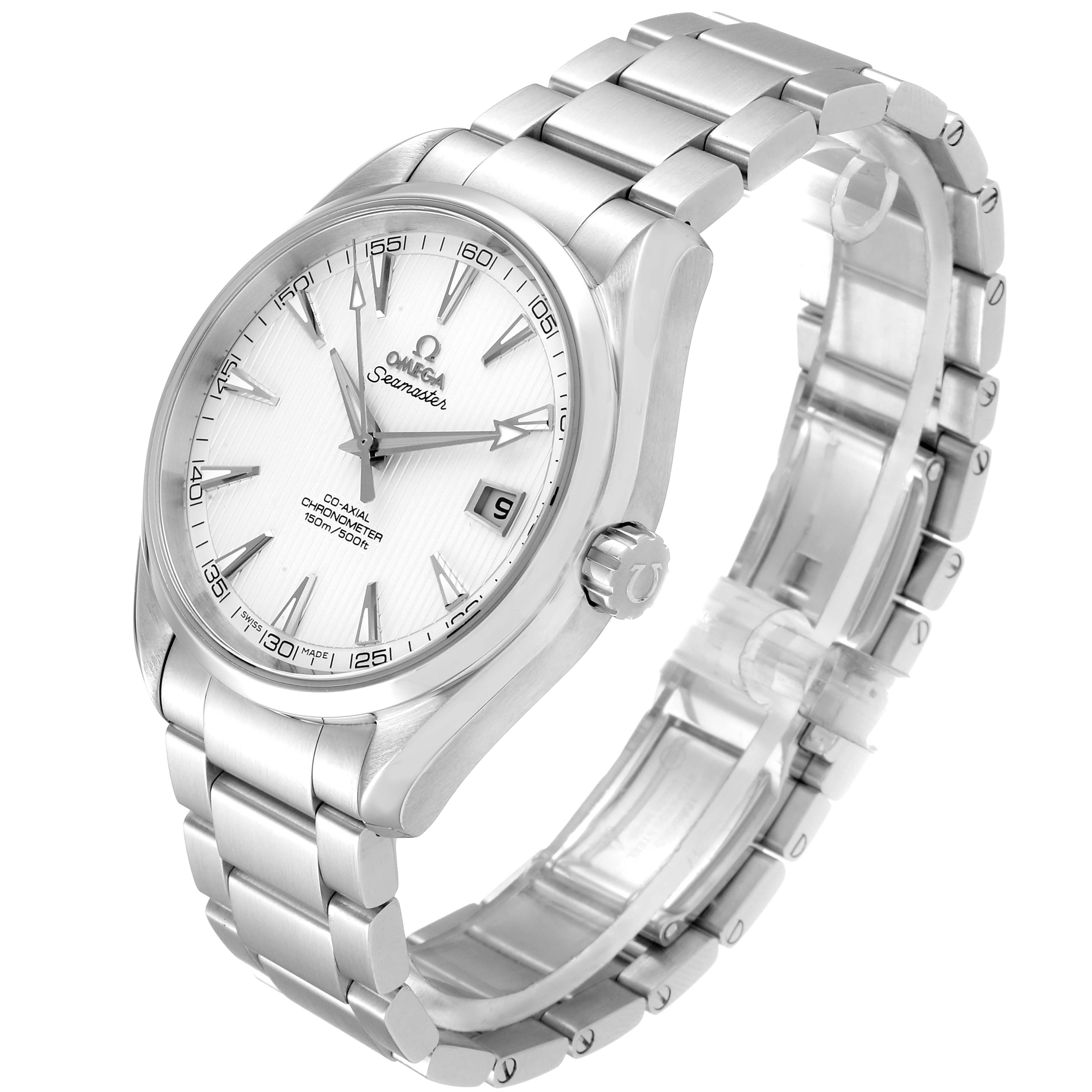 The image shows an Omega Aqua Terra 231.10.42.21.02.001 Men
s Stainless Steel Silver Dial 231.10.42.21.02.001 Men
s Stainless Steel Silver Dial watch at a three-quarter angle, highlighting the face, bracelet, and crown.