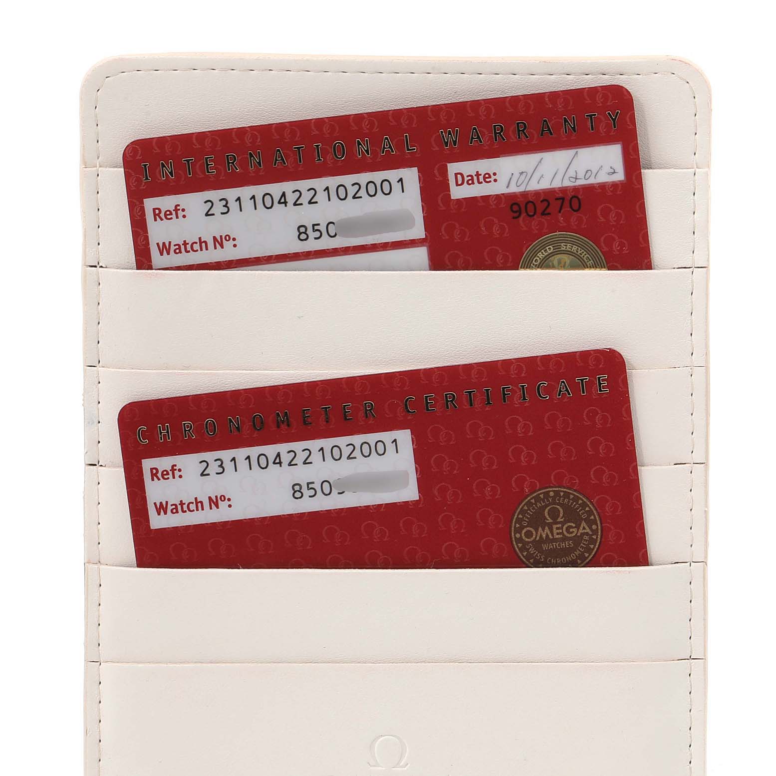 The image shows the warranty and chronometer certificate cards for the Omega Aqua Terra 231.10.42.21.02.001 Men
s Stainless Steel Silver Dial 231.10.42.21.02.001 Men
s Stainless Steel Silver Dial model.