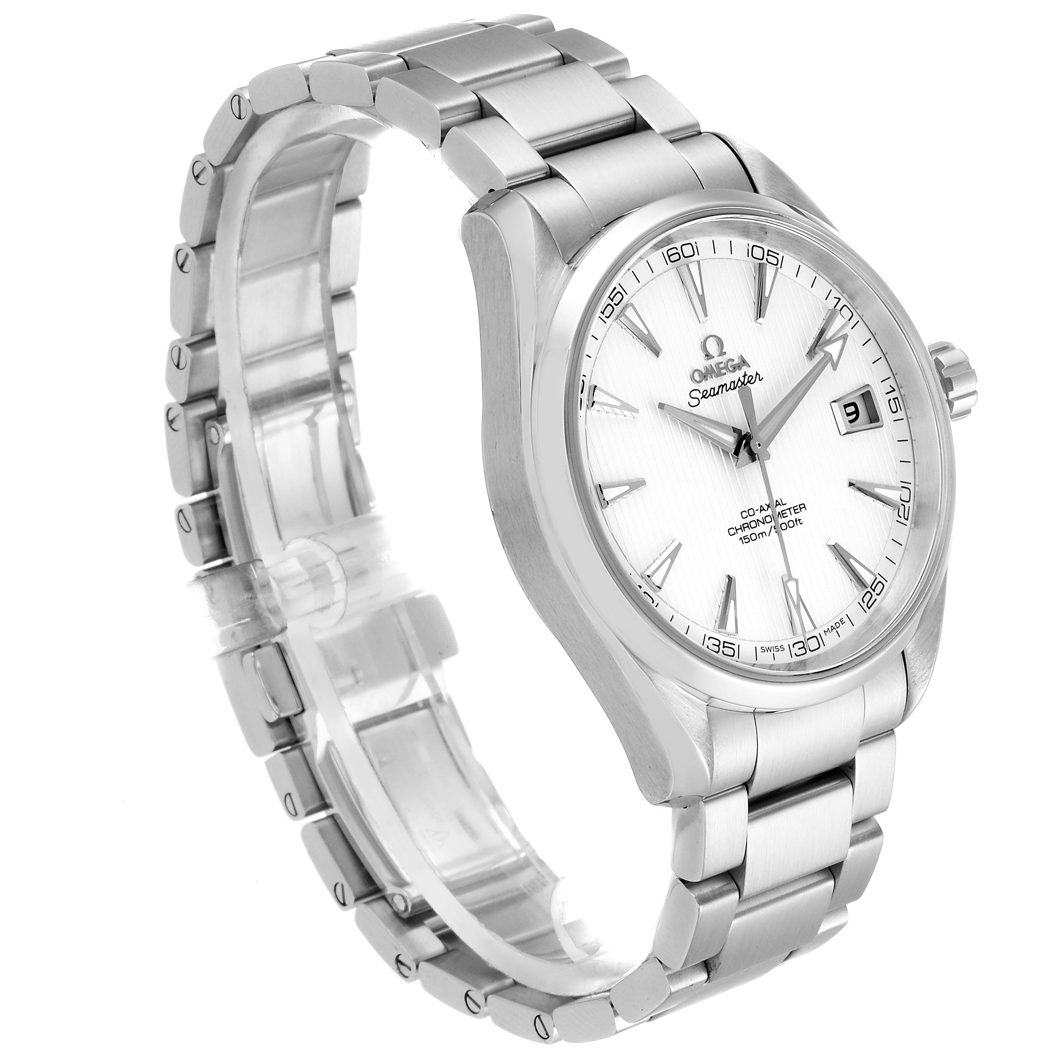 The image shows an angled front view of the Omega Aqua Terra 231.10.42.21.02.001 Men
s Stainless Steel Silver Dial 231.10.42.21.02.001 Men
s Stainless Steel Silver Dial watch, highlighting the face, bezel, crown, and bracelet.