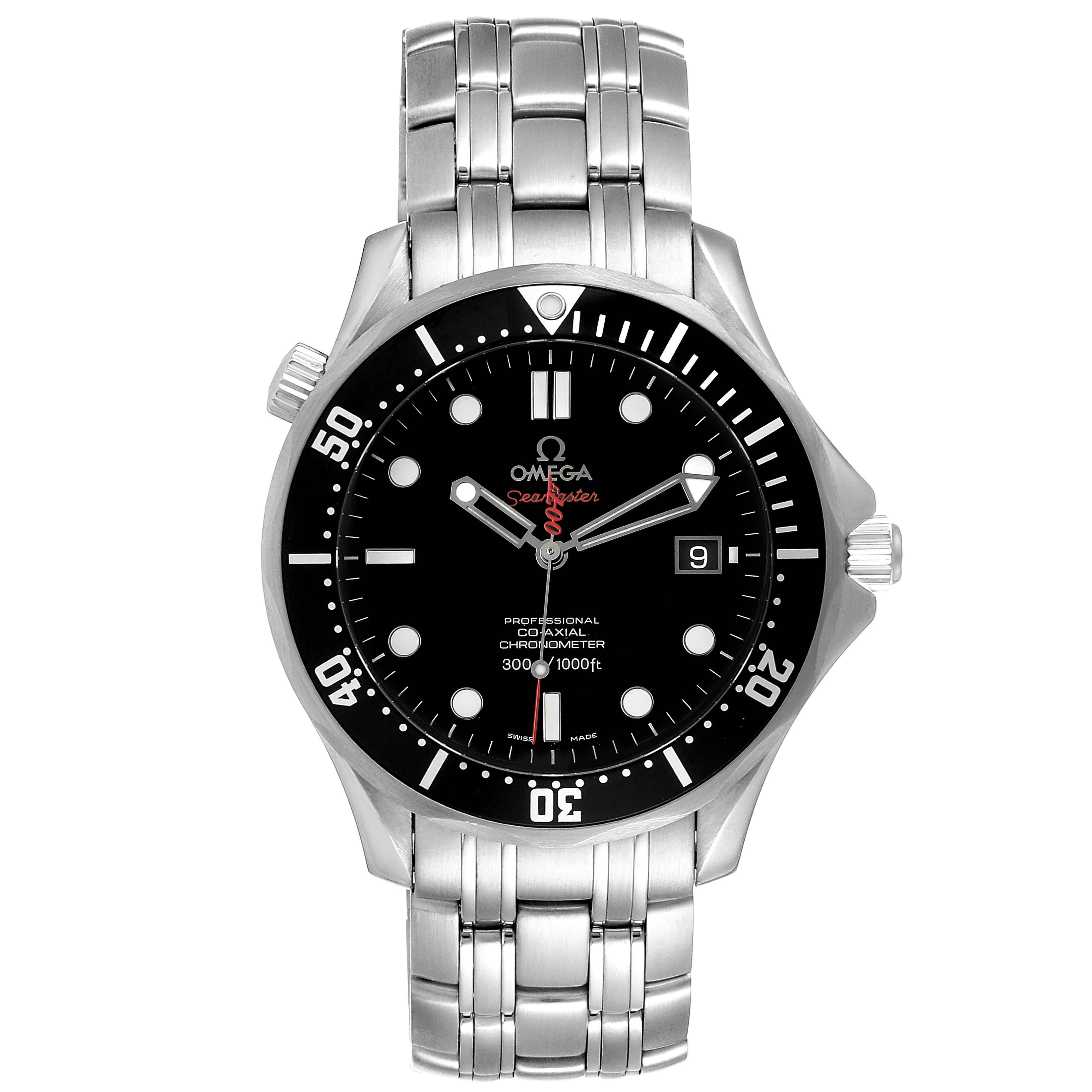 This image shows a front view of the Omega Seamaster 212.30.41.20.01.001 Men's Stainless Steel Black Dial 212.30.41.20.01.001 Men's Stainless Steel Black Dial watch, highlighting its dial, bezel, hands, and metal bracelet.