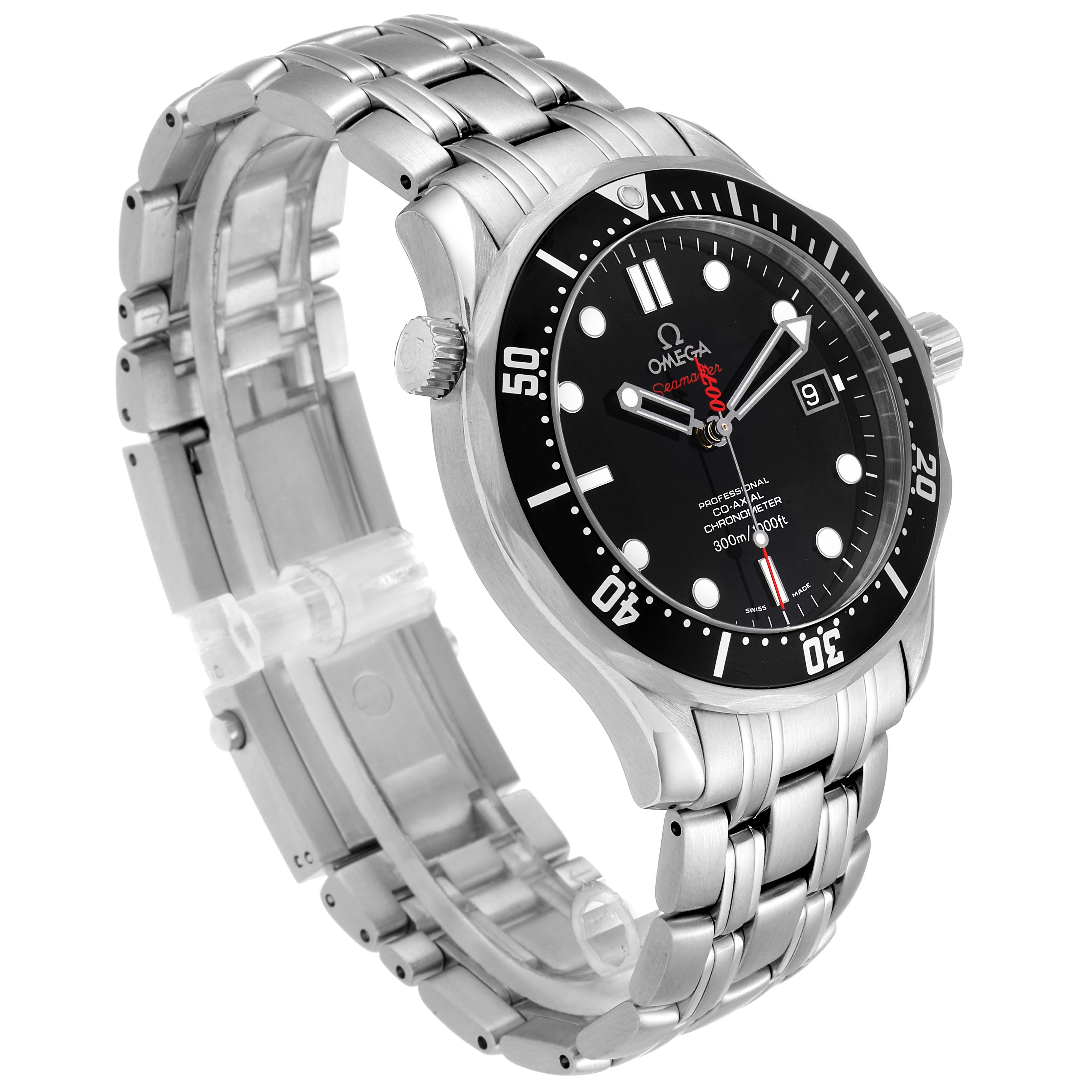 The Omega Seamaster 212.30.41.20.01.001 Men's Stainless Steel Black Dial 212.30.41.20.01.001 Men's Stainless Steel Black Dial watch is shown at an angled side view, highlighting its bezel, dial, and metal bracelet.