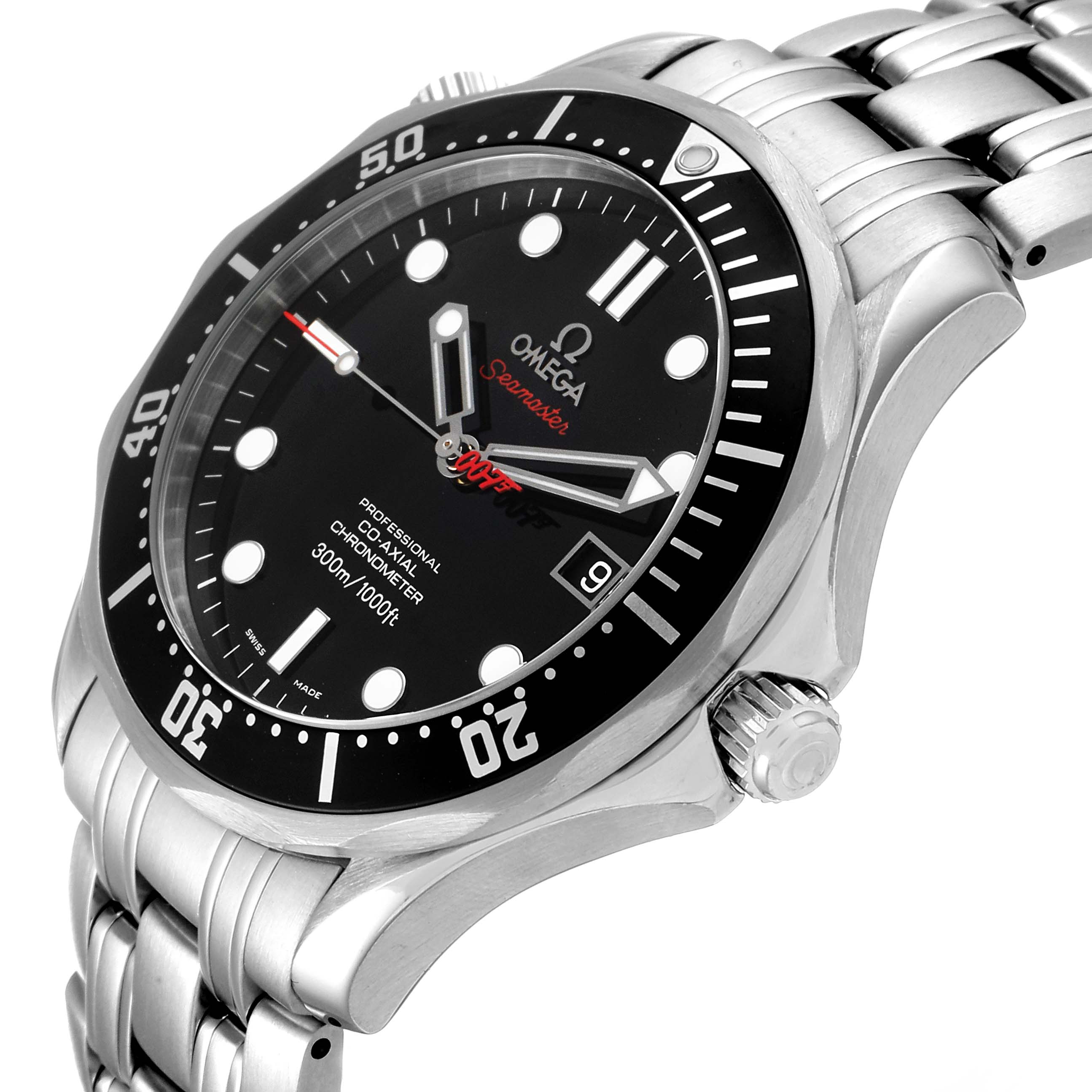 The Omega Seamaster 212.30.41.20.01.001 Men's Stainless Steel Black Dial 212.30.41.20.01.001 Men's Stainless Steel Black Dial watch is shown at an angled view, highlighting the face, bezel, and stainless steel bracelet.