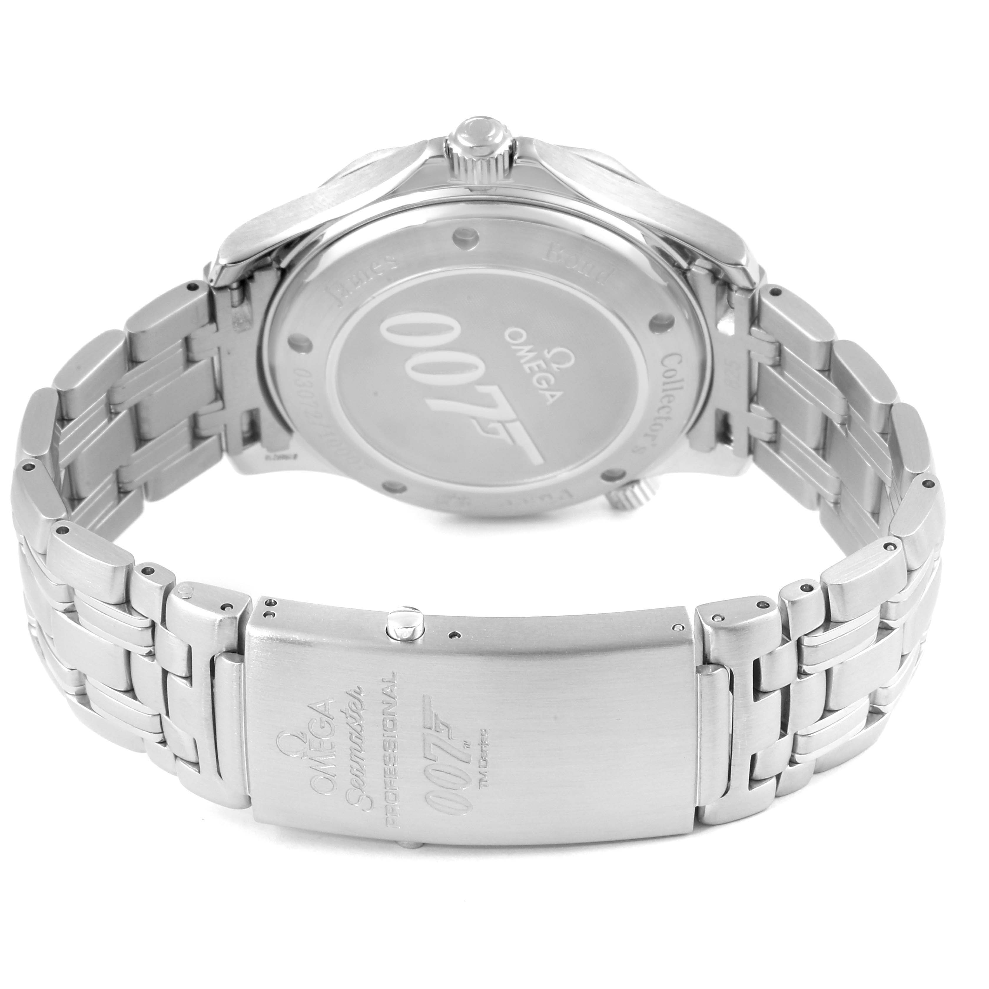The image shows the backside and bracelet clasp of the Omega Seamaster 212.30.41.20.01.001 Men's Stainless Steel Black Dial 212.30.41.20.01.001 Men's Stainless Steel Black Dial watch, featuring "007" and "Omega" engravings.