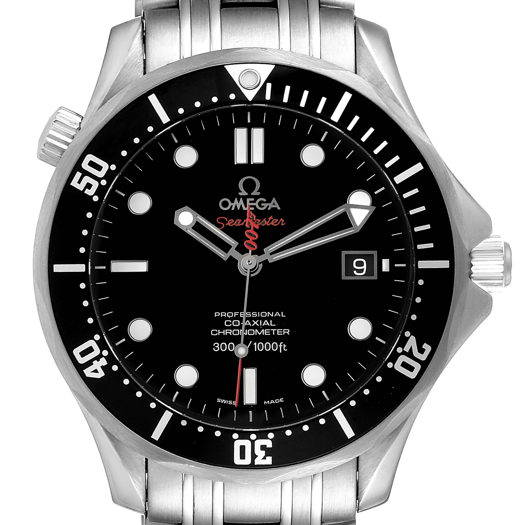This Omega Seamaster 212.30.41.20.01.001 Men's Stainless Steel Black Dial 212.30.41.20.01.001 Men's Stainless Steel Black Dial watch is shown from a front angle, displaying its face, bezel, and part of the bracelet.