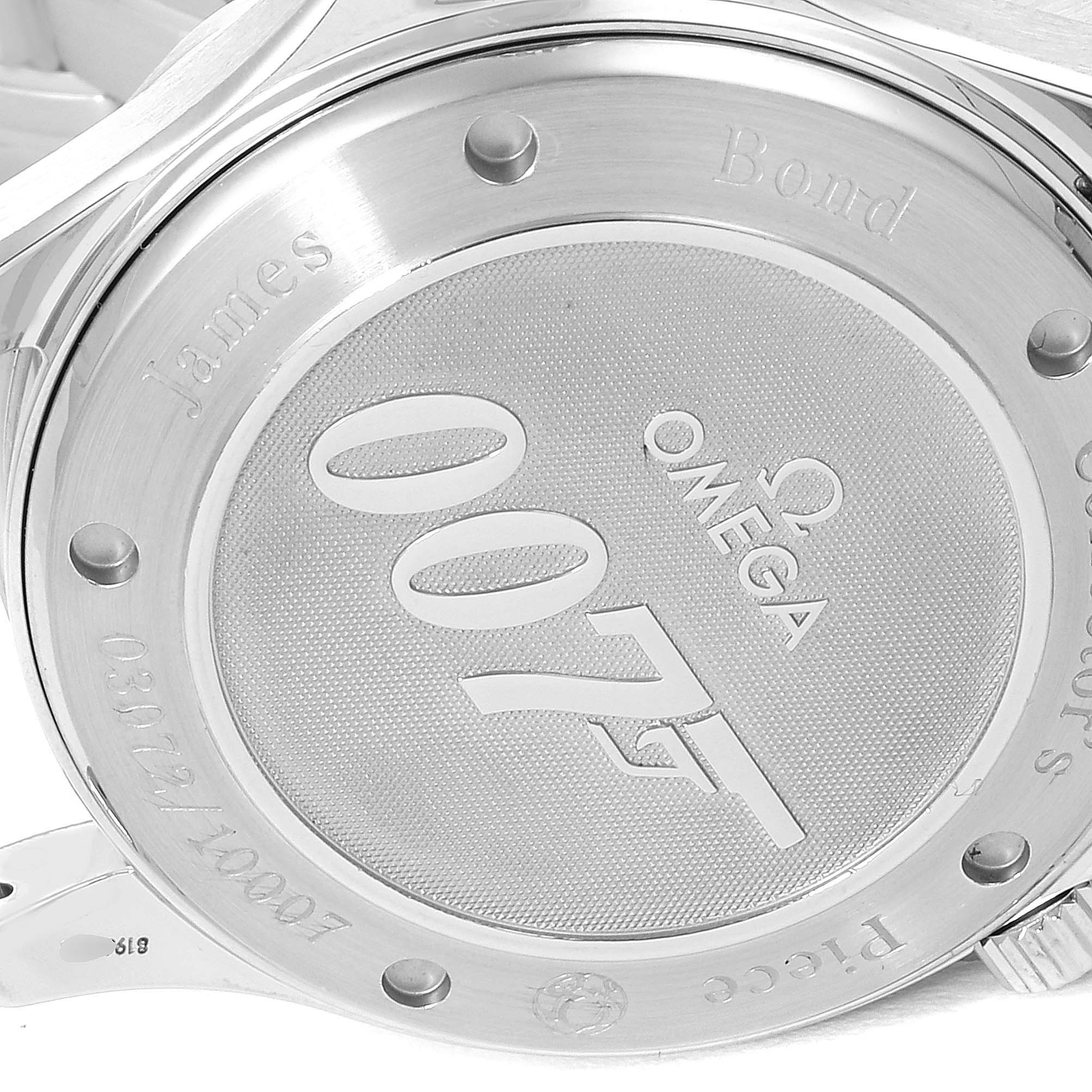 The image shows the case back of an Omega Seamaster 212.30.41.20.01.001 Men's Stainless Steel Black Dial 212.30.41.20.01.001 Men's Stainless Steel Black Dial watch with "007" and "James Bond" engravings.