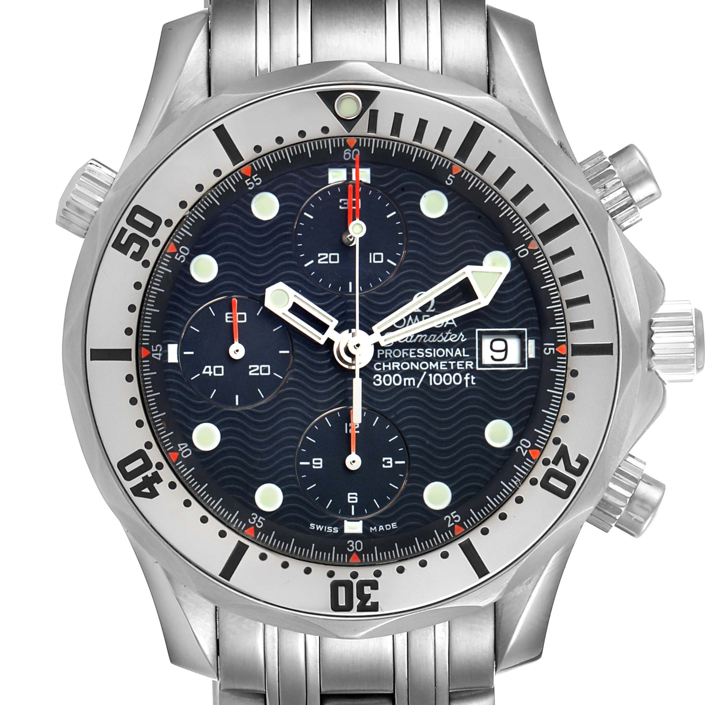 The image shows a front view of an Omega Seamaster 2598.80.00 Men
s Stainless Steel Blue Dial 2598.80.00 Men
s Stainless Steel Blue Dial watch, detailing the dial, bezel, and buttons.