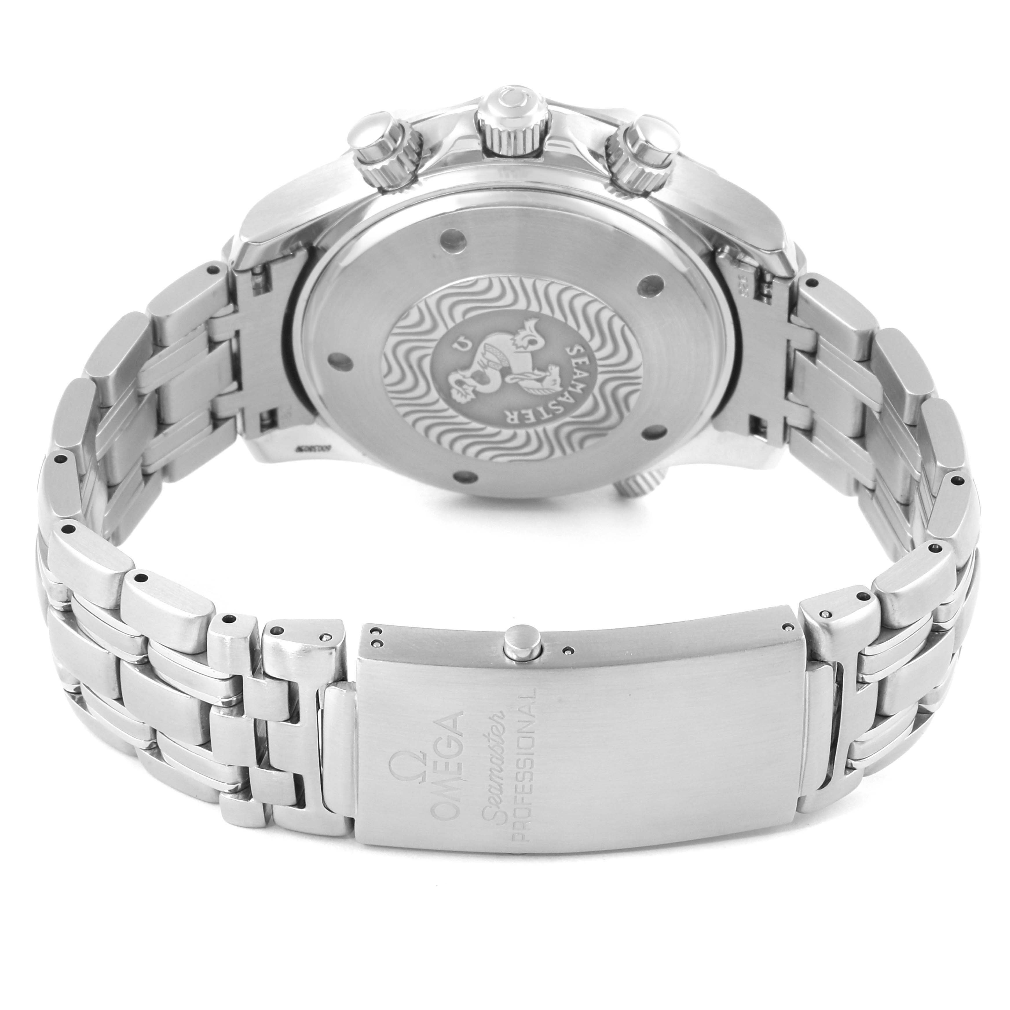 The image shows the back view of an Omega Seamaster 2598.80.00 Men
s Stainless Steel Blue Dial 2598.80.00 Men
s Stainless Steel Blue Dial watch, highlighting the case back and the metal bracelet with its clasp.