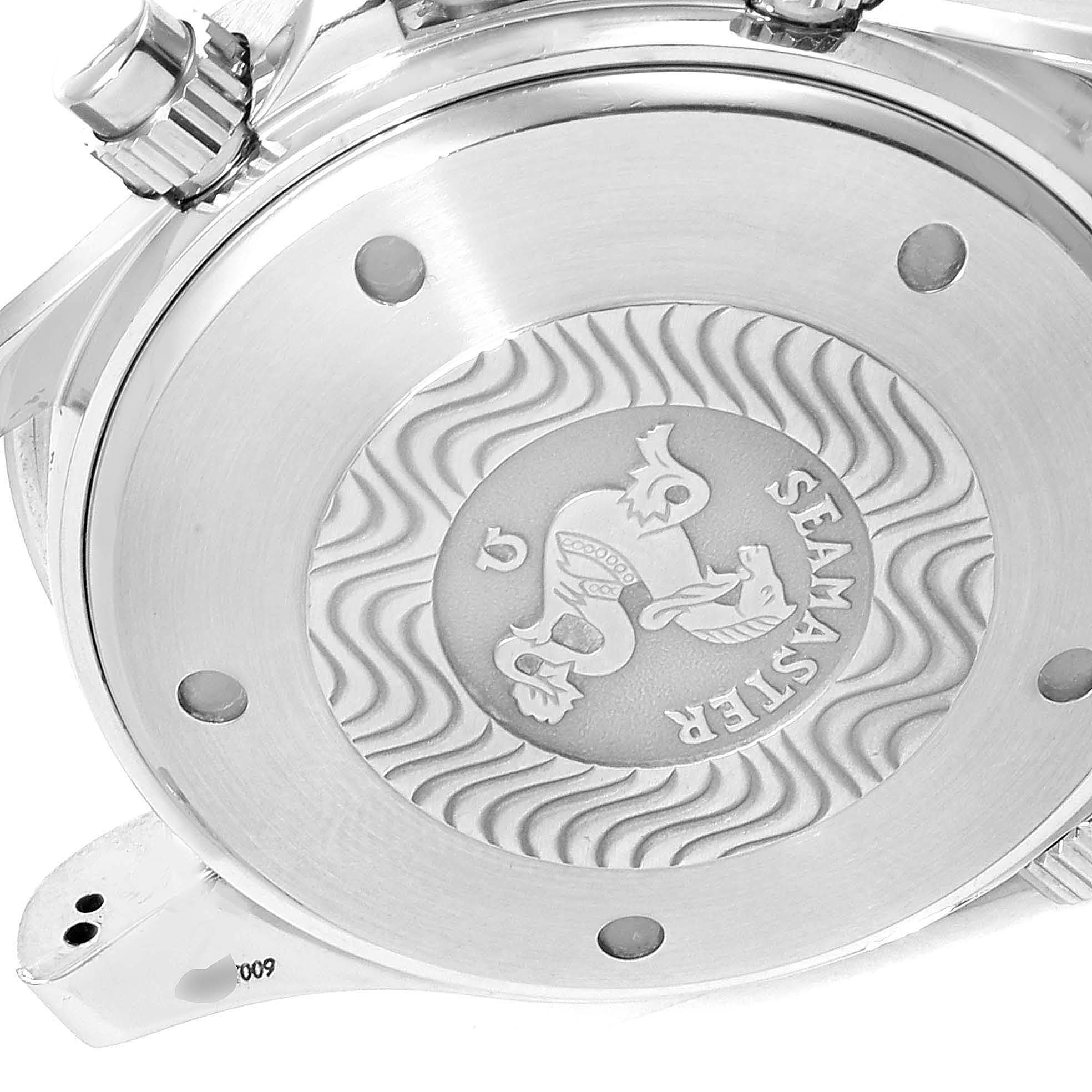 The image shows the back case of an Omega Seamaster 2598.80.00 Men
s Stainless Steel Blue Dial 2598.80.00 Men
s Stainless Steel Blue Dial watch, highlighting its engraved design and crown.