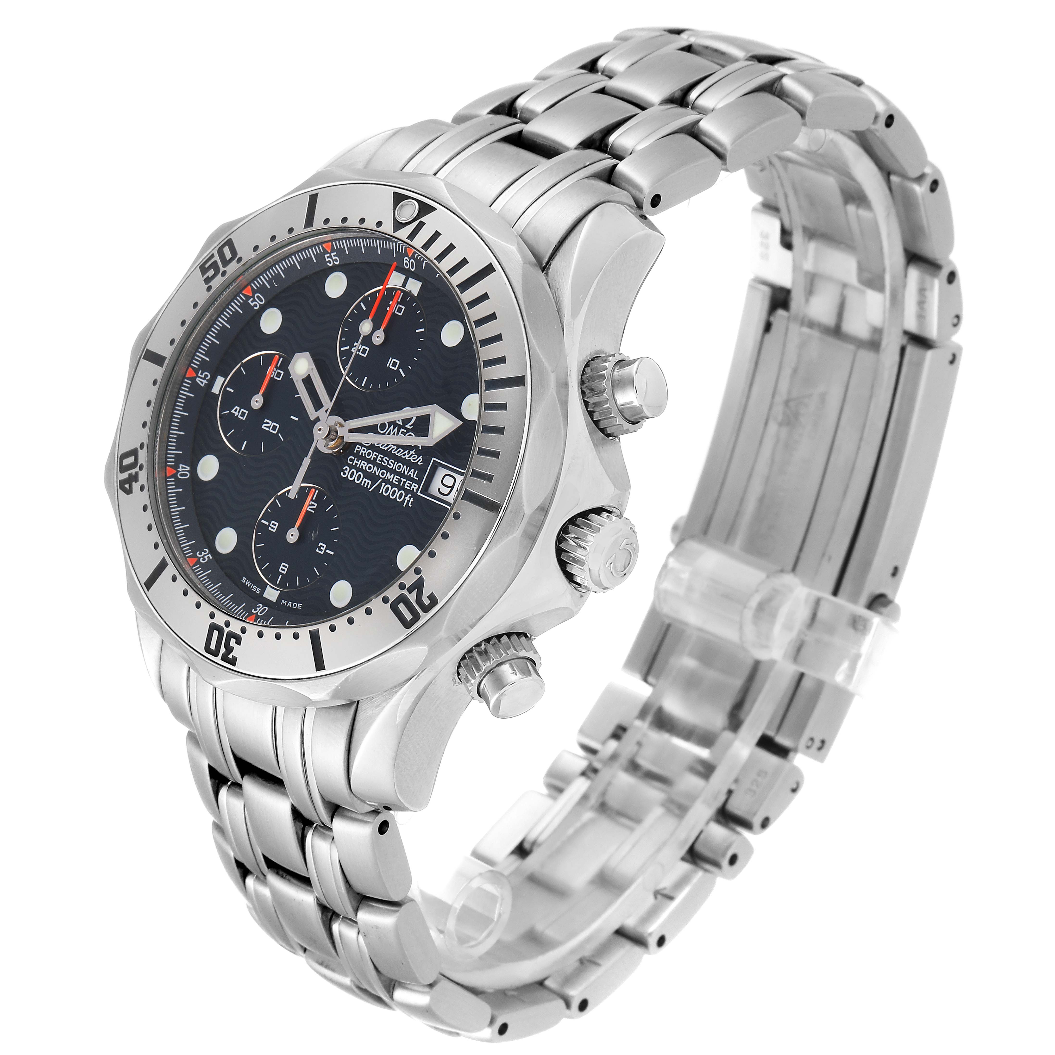 The Omega Seamaster 2598.80.00 Men
s Stainless Steel Blue Dial 2598.80.00 Men
s Stainless Steel Blue Dial watch is shown at a three-quarter angle, highlighting the face, bezel, and stainless steel bracelet.