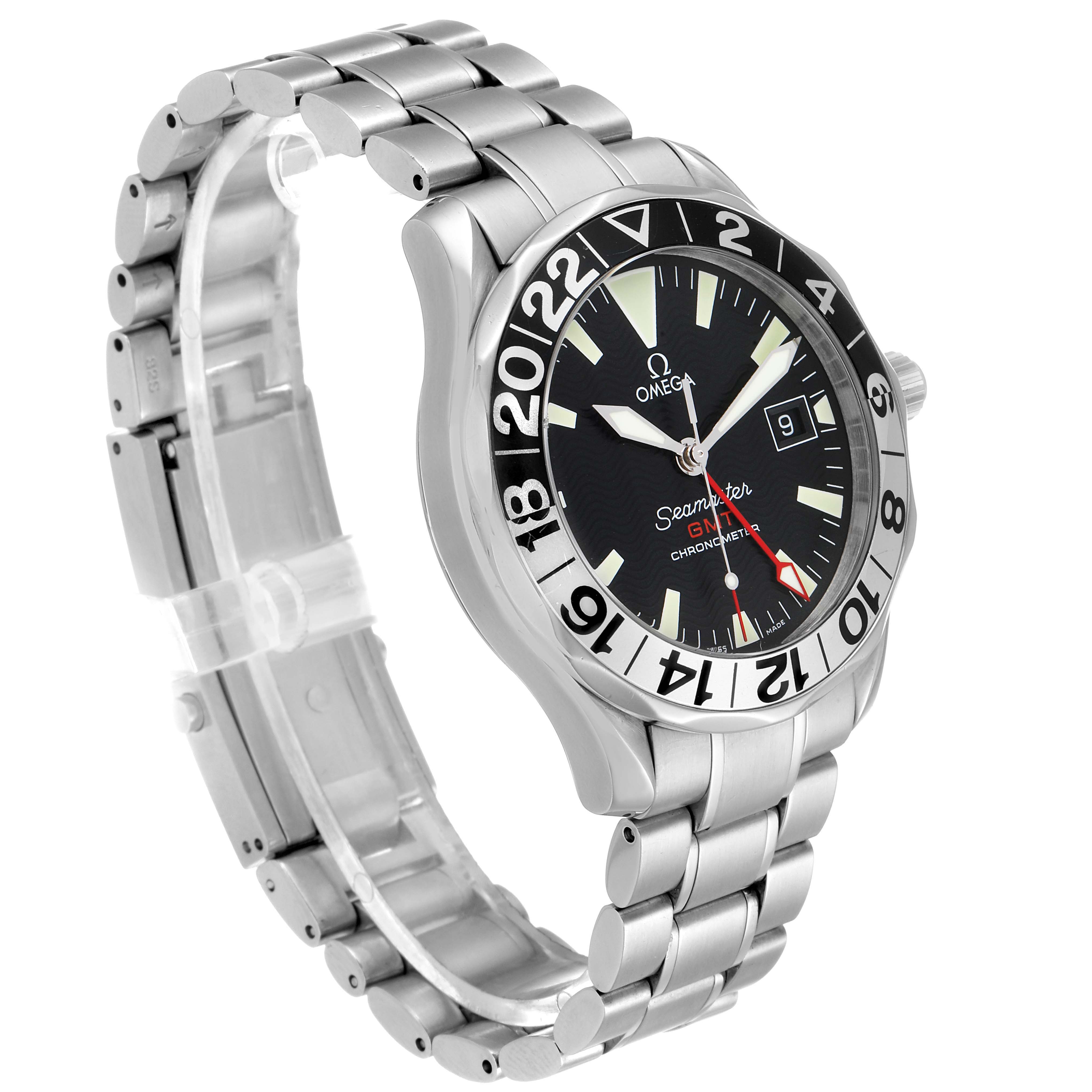 The Omega Seamaster 2234.50.00 Men
s Stainless Steel Black Dial 2234.50.00 Men
s Stainless Steel Black Dial watch is shown at a slight angle, displaying the dial, bezel, case, and bracelet.