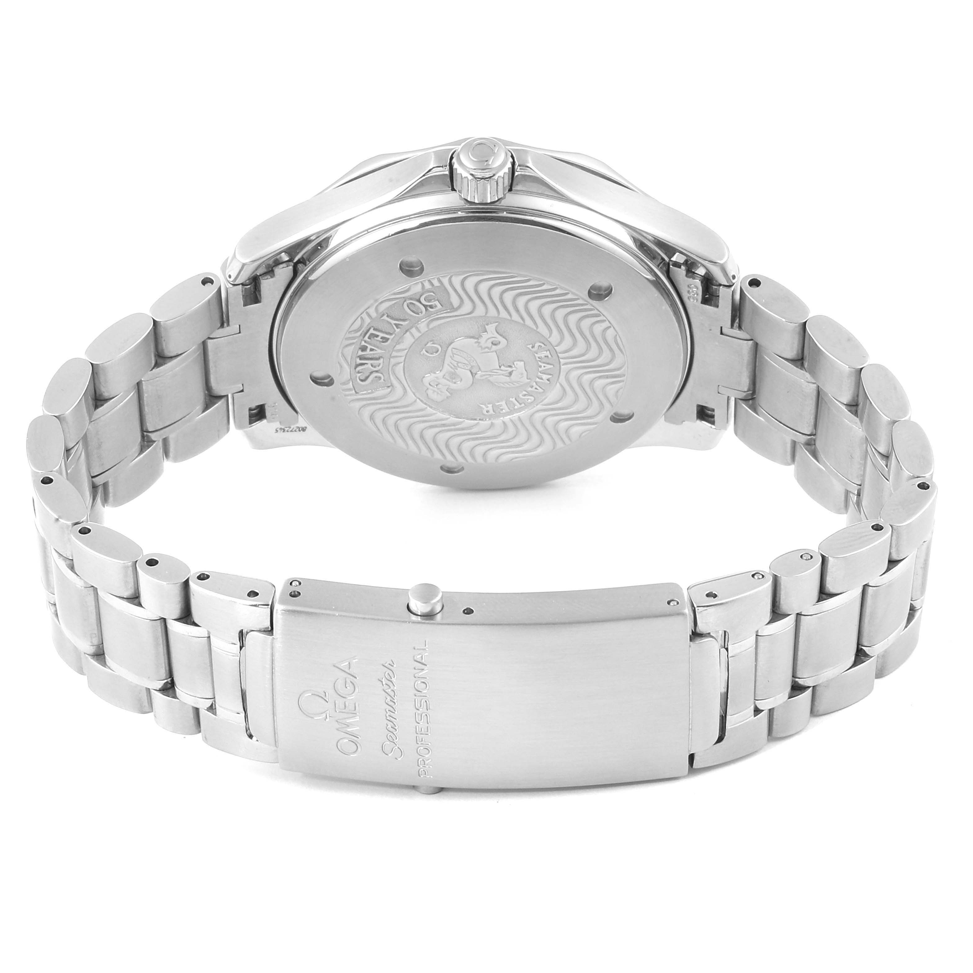 The image shows the back side of the Omega Seamaster 2234.50.00 Men
s Stainless Steel Black Dial 2234.50.00 Men
s Stainless Steel Black Dial watch, focusing on the case back and part of the metal bracelet with the clasp.