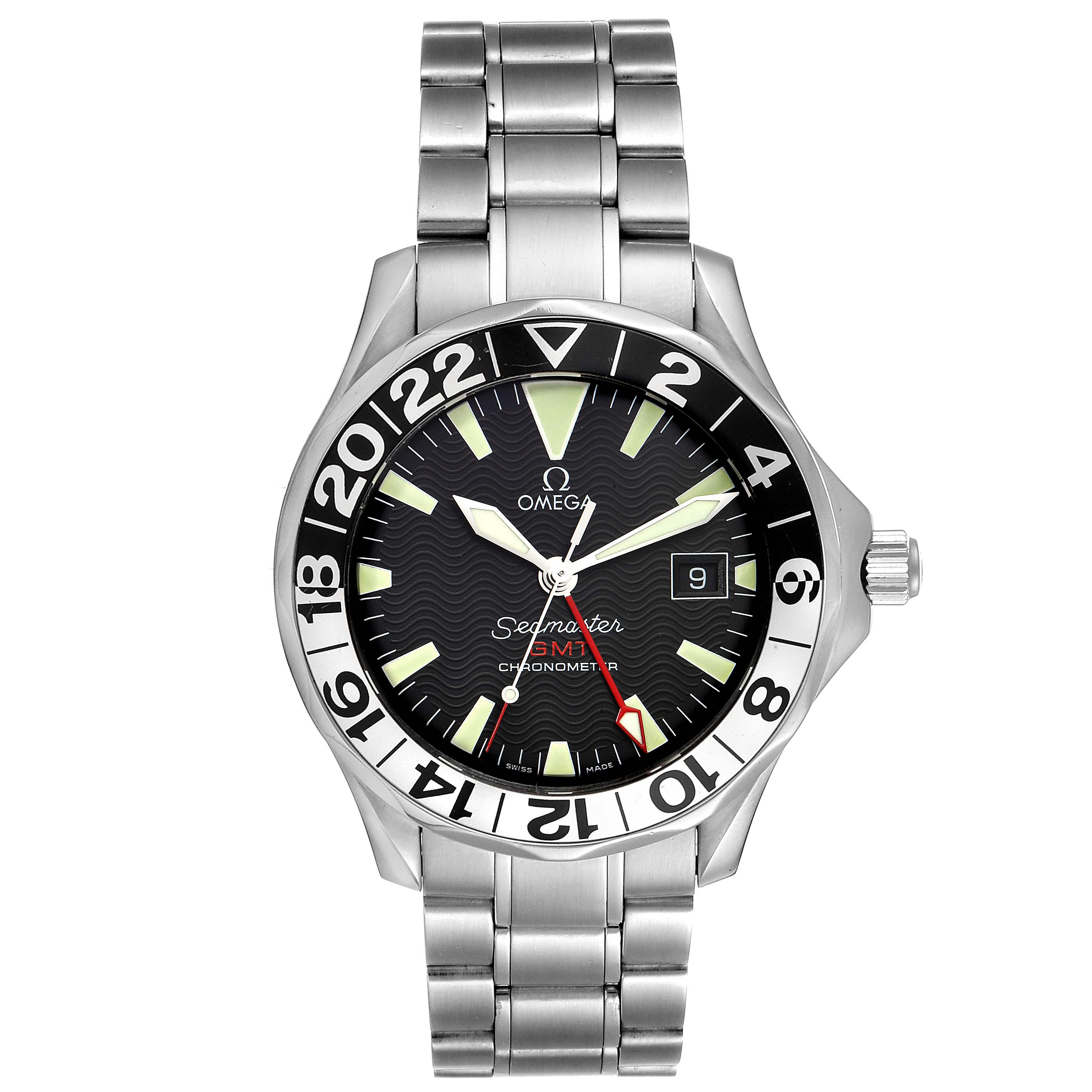 The image shows a front view of the Omega Seamaster 2234.50.00 Men
s Stainless Steel Black Dial 2234.50.00 Men
s Stainless Steel Black Dial watch, including its face, bezel, and stainless steel bracelet.