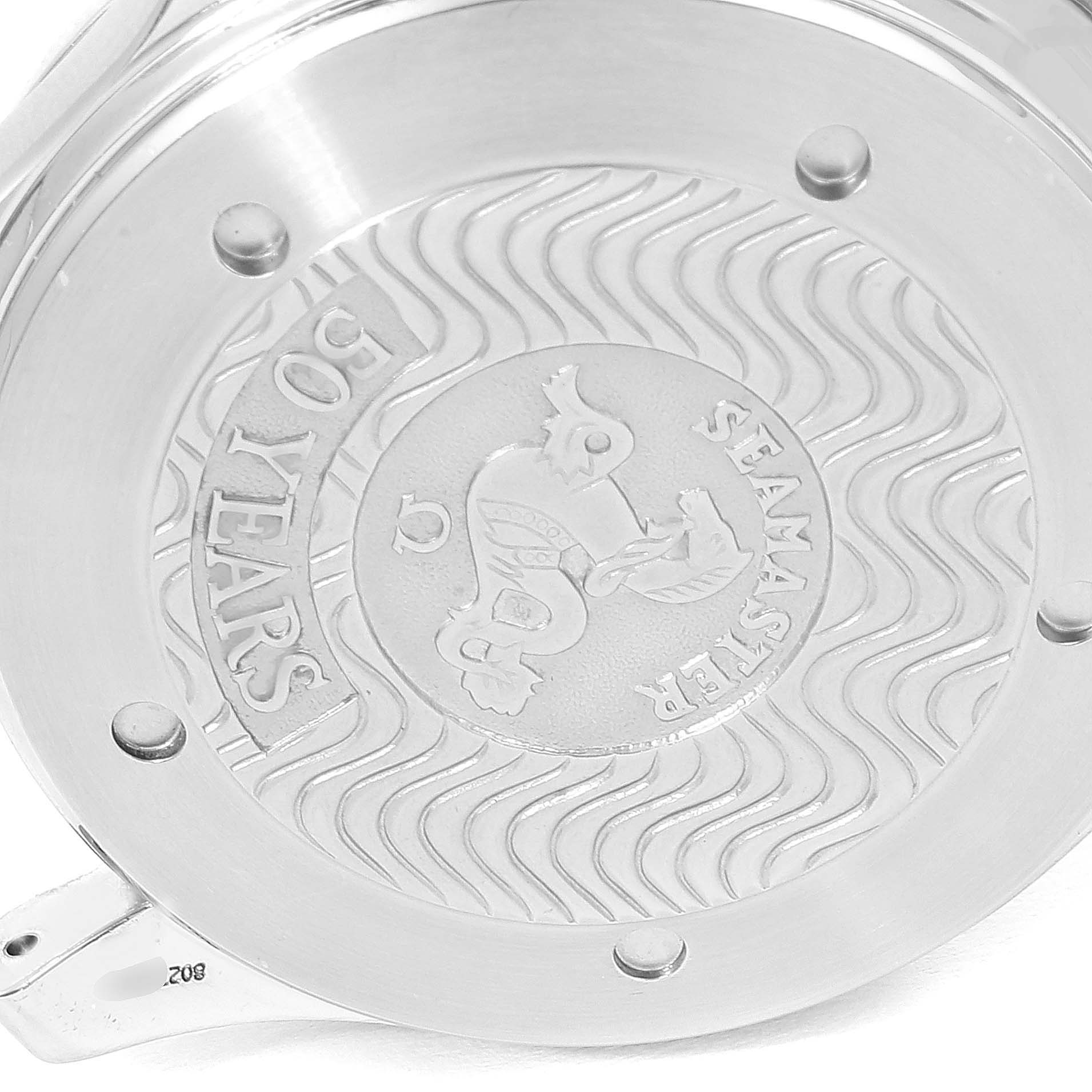 This image shows the case back of an Omega Seamaster 2234.50.00 Men
s Stainless Steel Black Dial 2234.50.00 Men
s Stainless Steel Black Dial watch featuring an engraving commemorating 50 years.